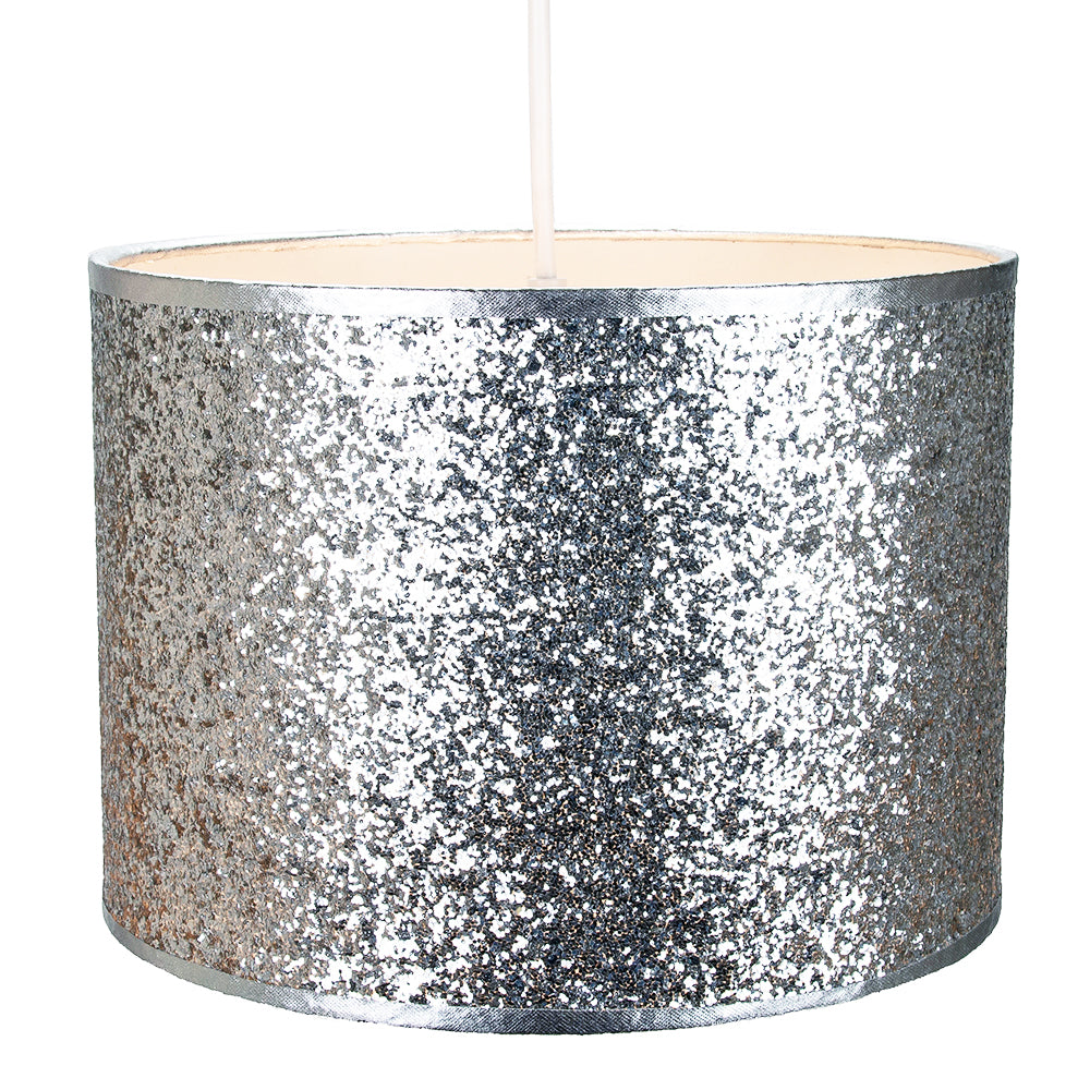 Modern and Designer Bright Silver Glitter Fabric Pendant/Lamp Shade 25cm Wide Image 1