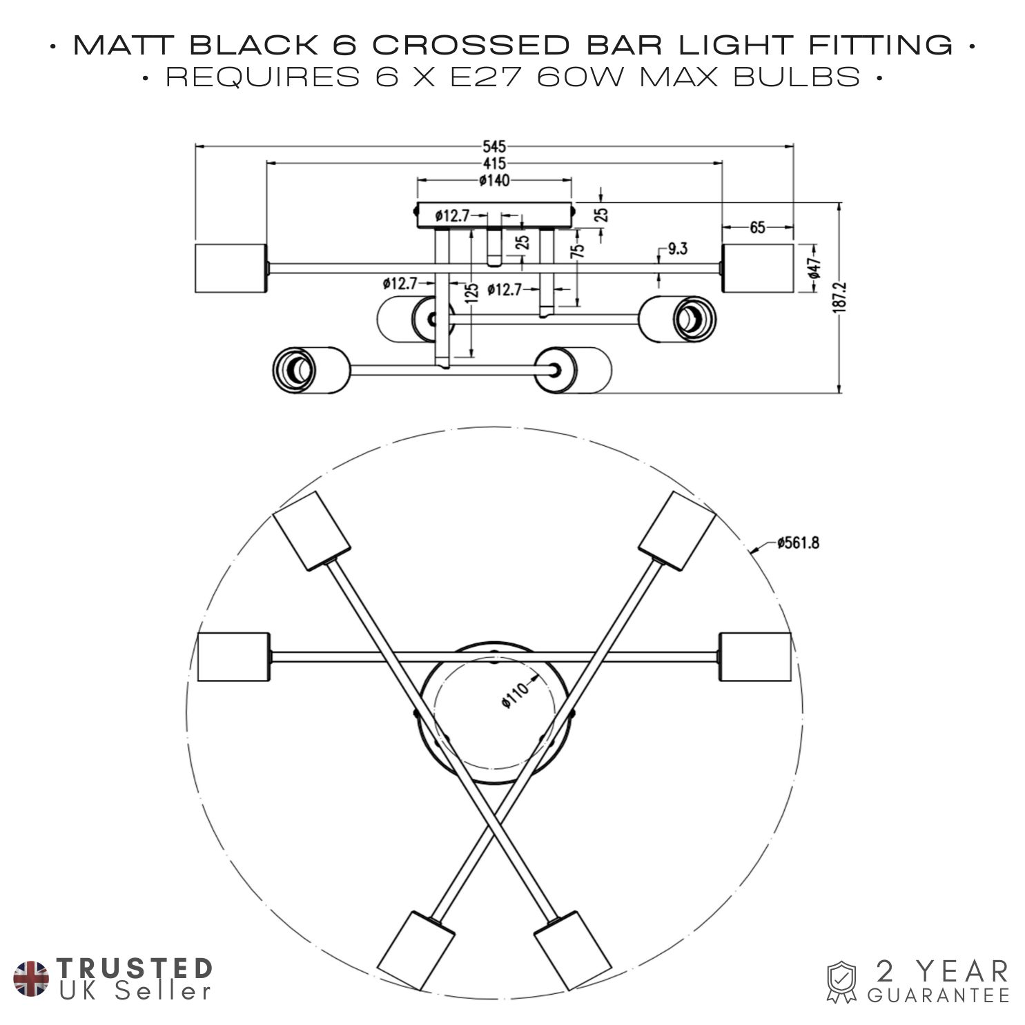 Industrial Designer Styled Mat Black Ceiling Light with Straight Metal Arms Image 4