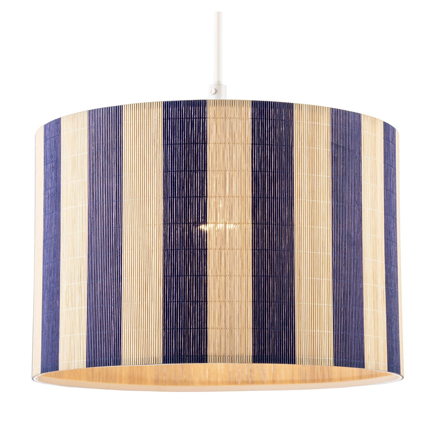 Chic Natural Brown Bamboo Lamp Shade with Navy Midnight Blue Stripes Image 2