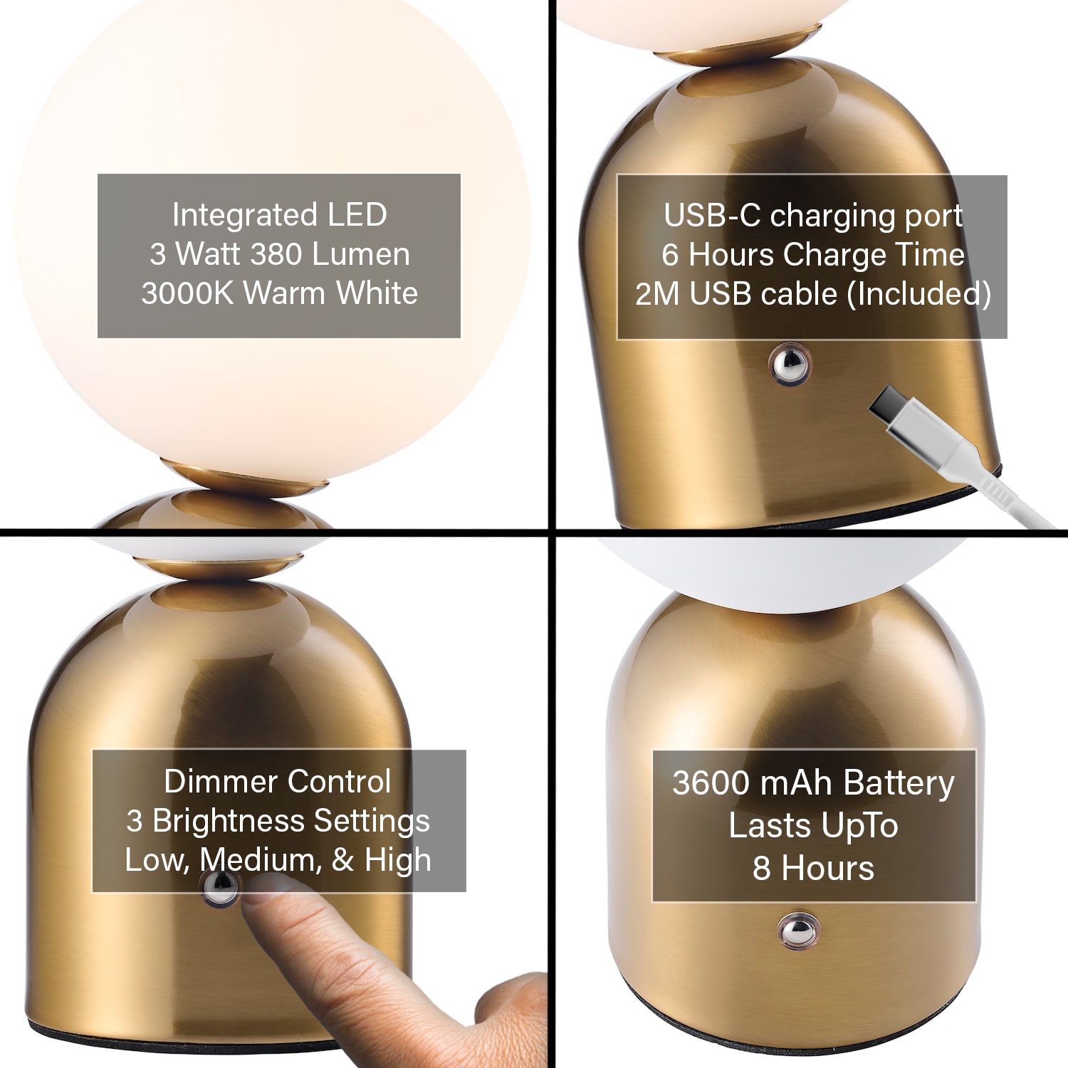 Modern Satin Gold Rechargeable Touch Dimmable Table Lamp with Opal Globe Shade Image 4