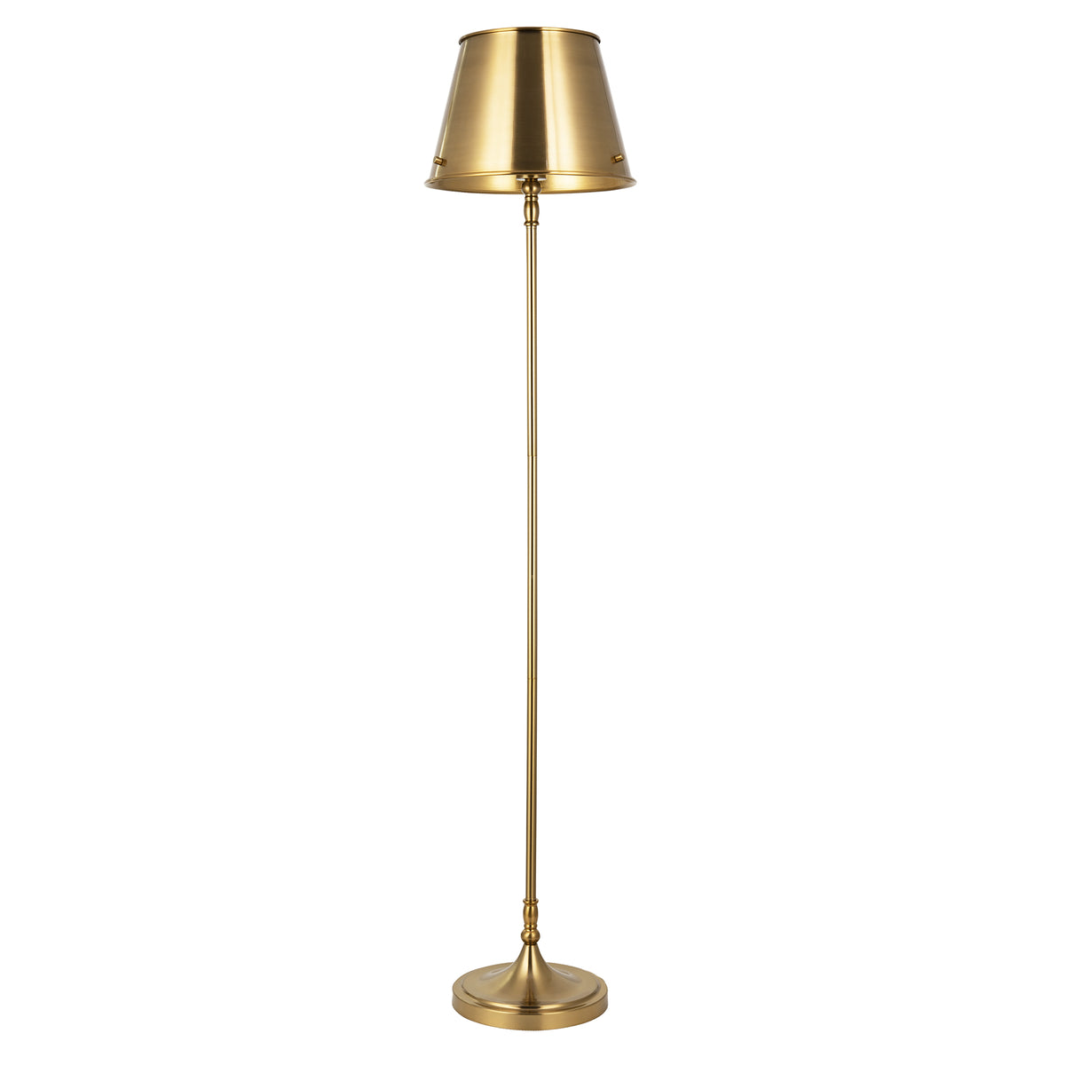Traditional and Timeless Aged Brass Floor Lamp with Unique Metal Shade Image 1