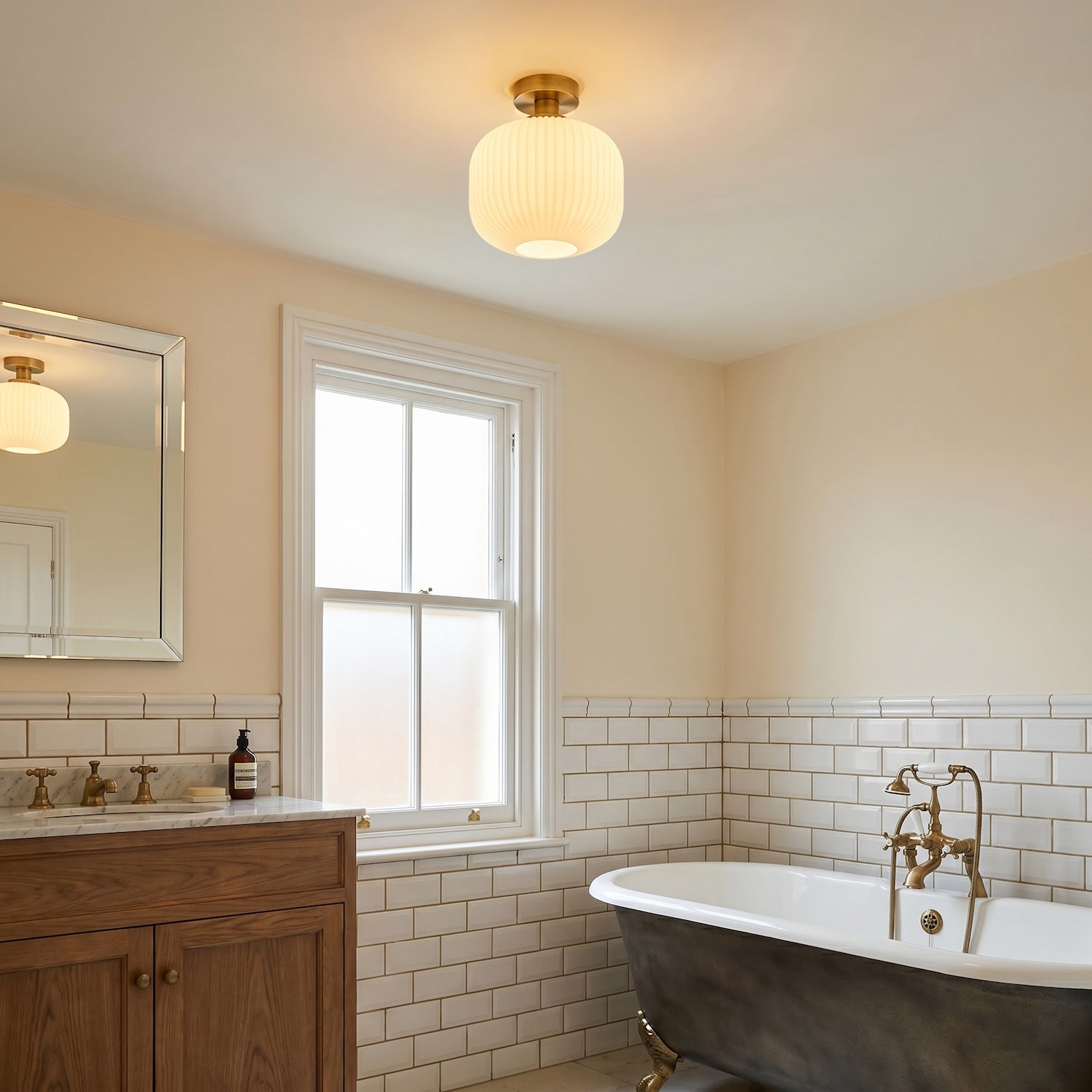 Antique Brass Bathroom Ceiling Light with Opal Ribbed Glass Shade Image 6