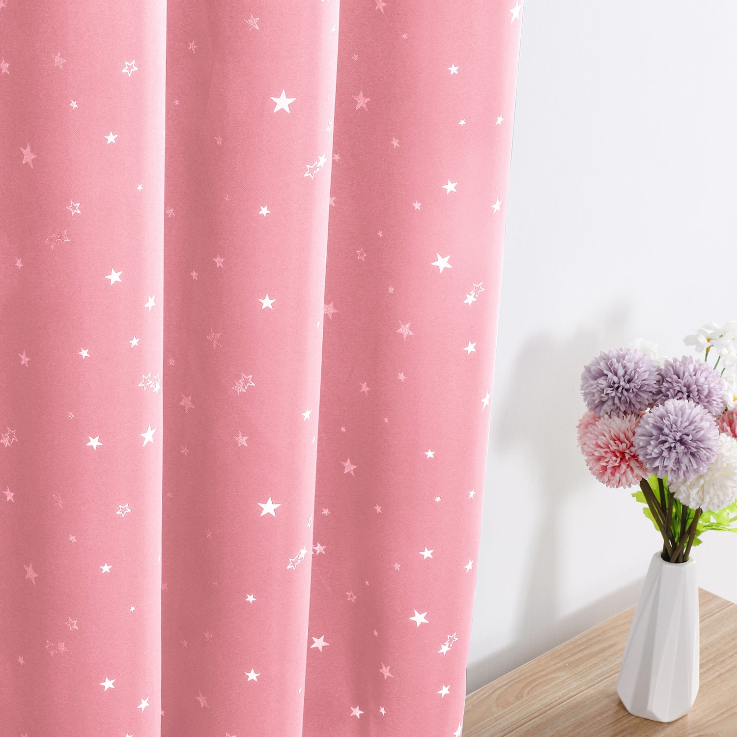 Pink Stars Pattern Eyelet Thermal Blackout Curtain - 52 x 63 Inch Drop - 2 Panel Image 8