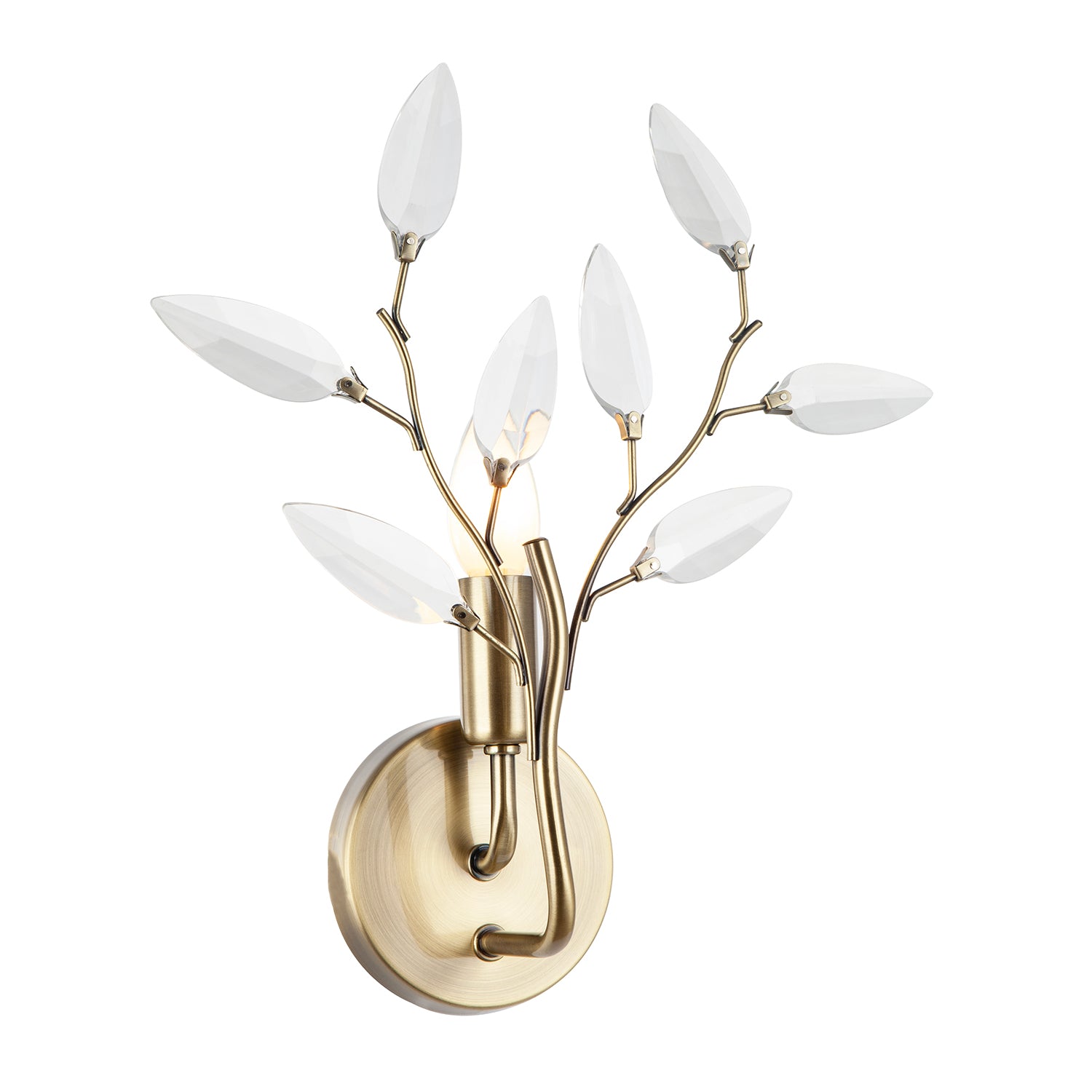 Modern Birch Antique Brass Plated Wall Light Fixture with Clear Acrylic Leaves Image 1