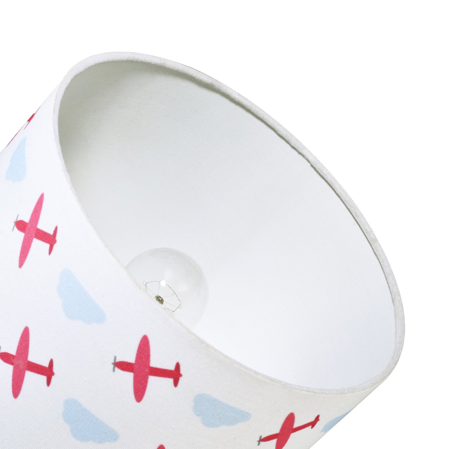 Childs Linen Fabric Drum Lamp Shade with Red Planes and Blue Clouds with Lining Image 5