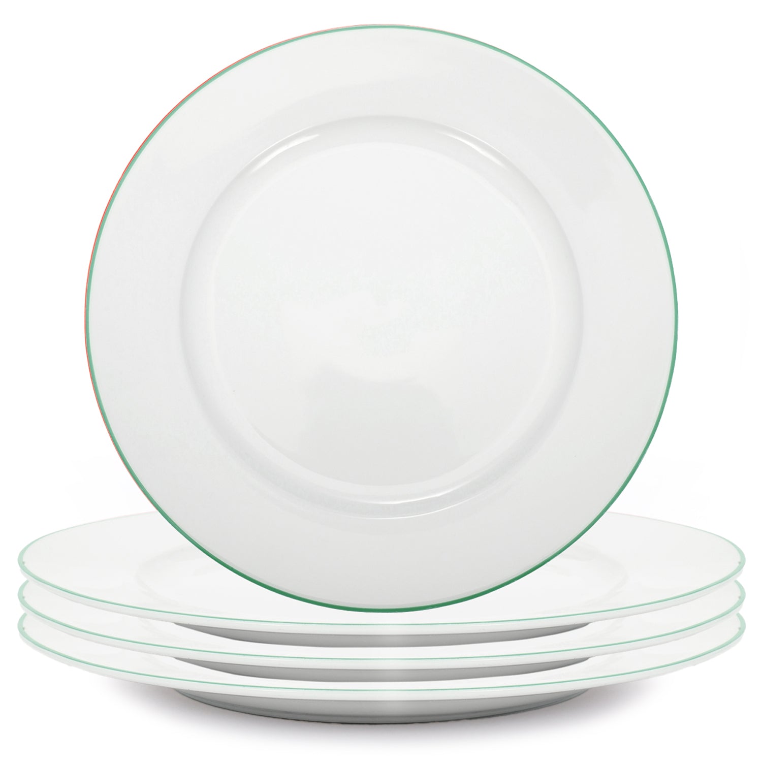 Set of 4 Durable White Ceramic Dinner Plates with Elegant Green Rim Image 1