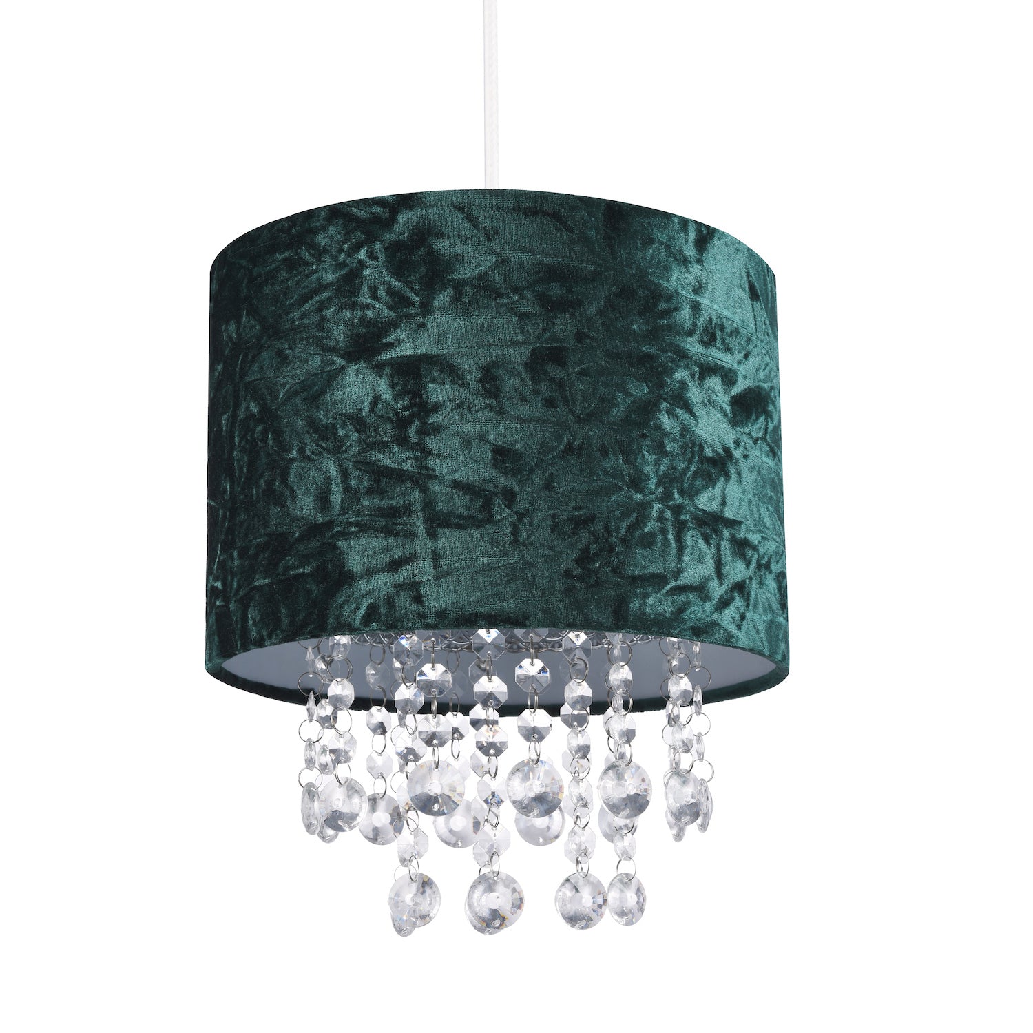 Modern Forest Green Crushed Velvet Pendant Shade with Clear Acrylic Droplets Image 2