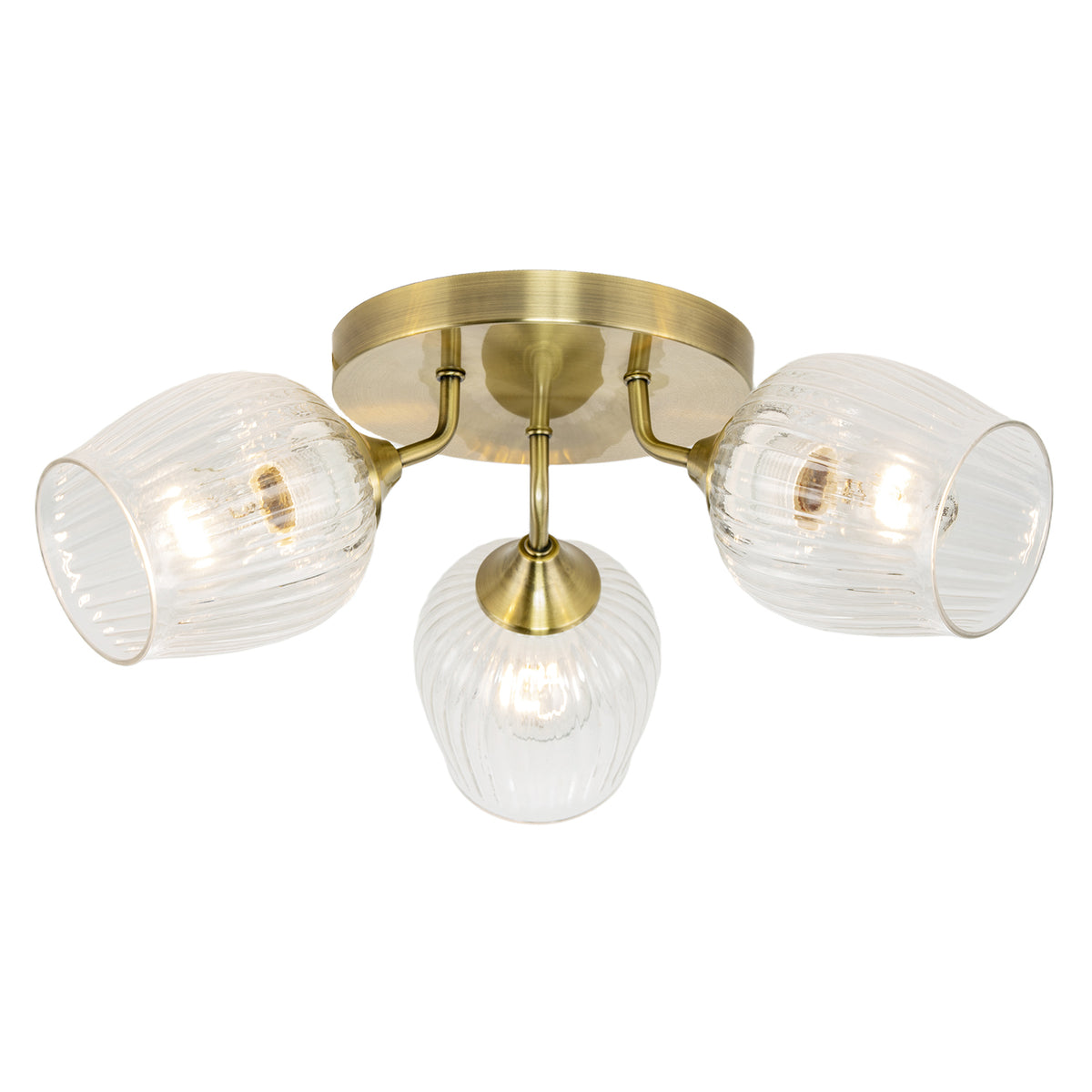 Modern Chic Antique Brass Ceiling Light with Clear Ribbed Glass Shades Image 3