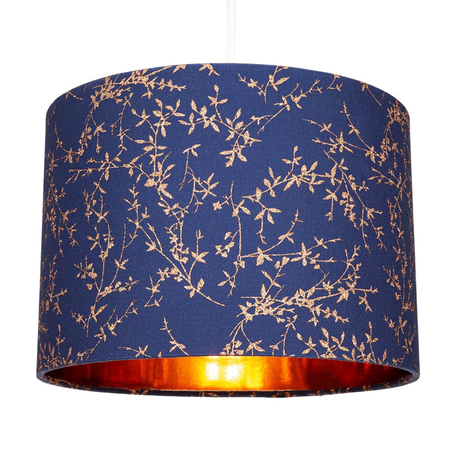 Modern Navy Blue Cotton Fabric 12" Lamp Shade with Copper Foil Floral Decoration Image 2