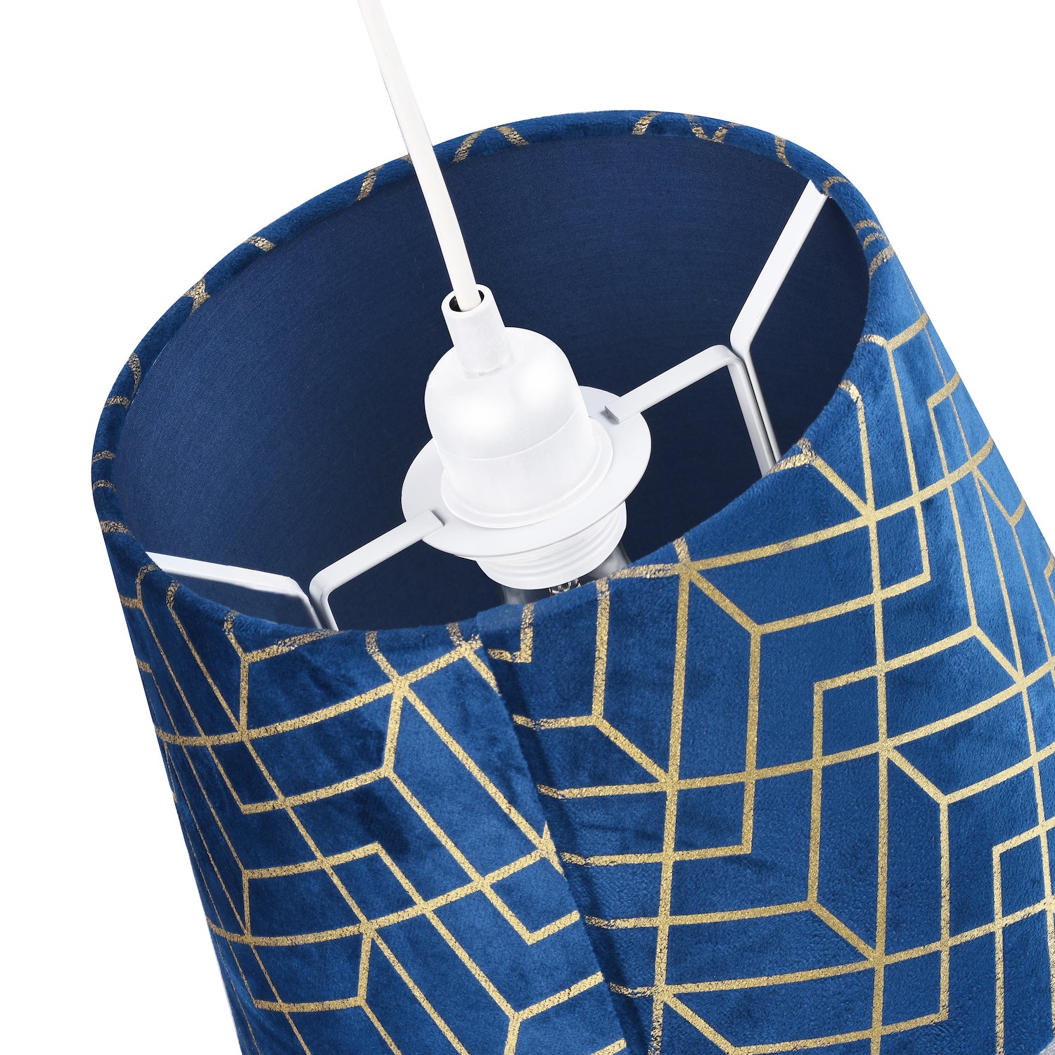 Navy Blue Velvet Lamp Shade with Geometric Design in Metallic Gold Foil Lines Image 4