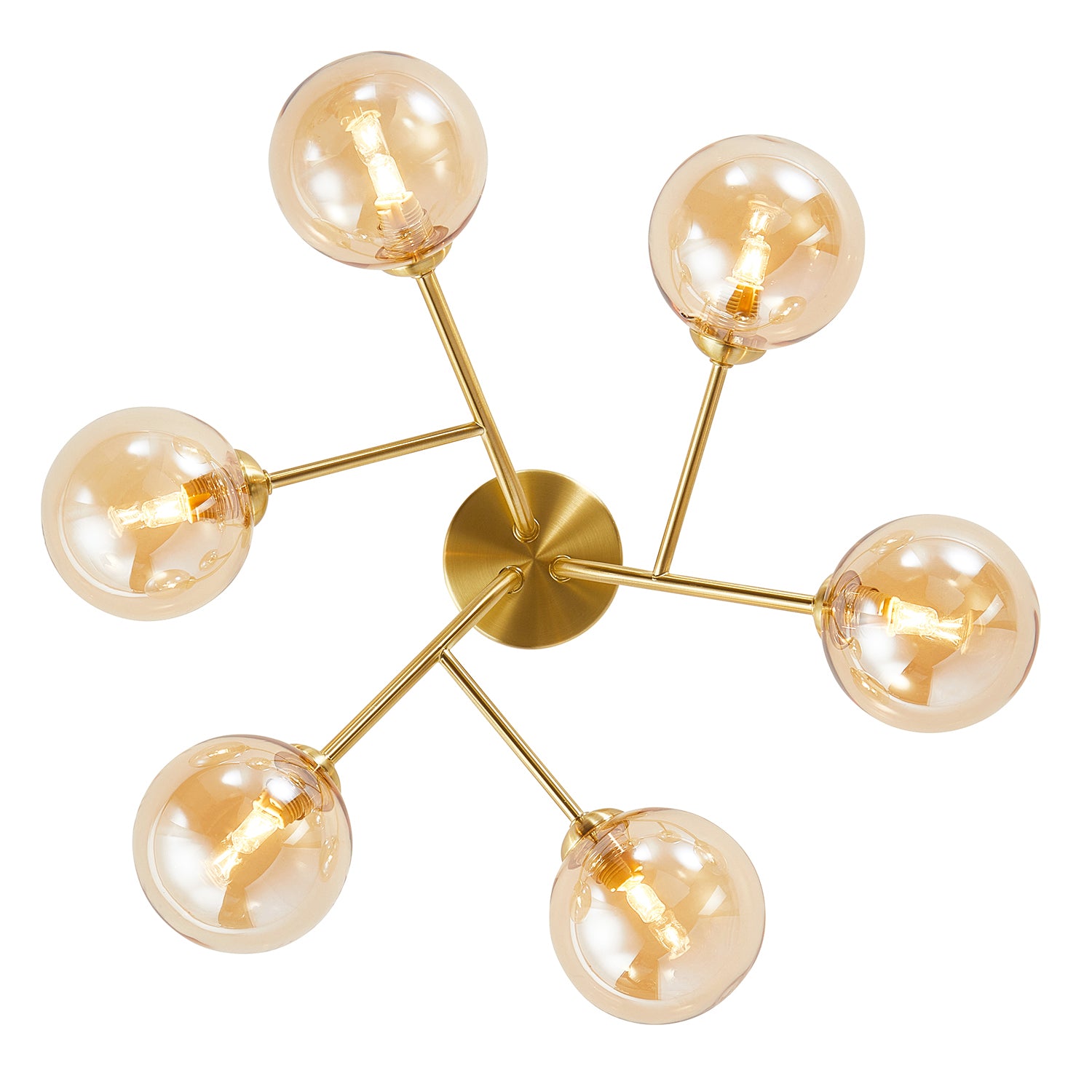 Designer Satin Gold 6-Arm Ceiling Light Fixture with Amber Tinted Glass Shades Image 5