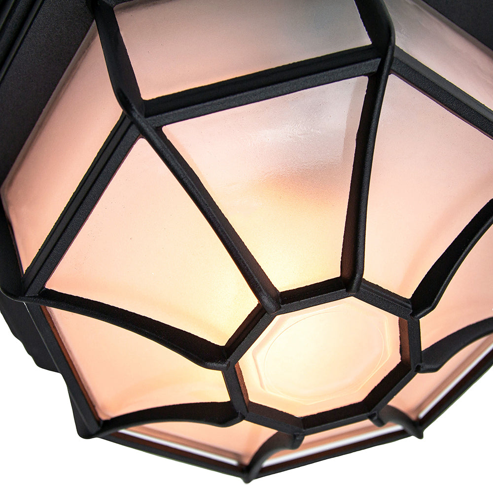 Traditional Hexagonal Matt Black Flush Ceiling Porch Light Fitting with Glass Image 6