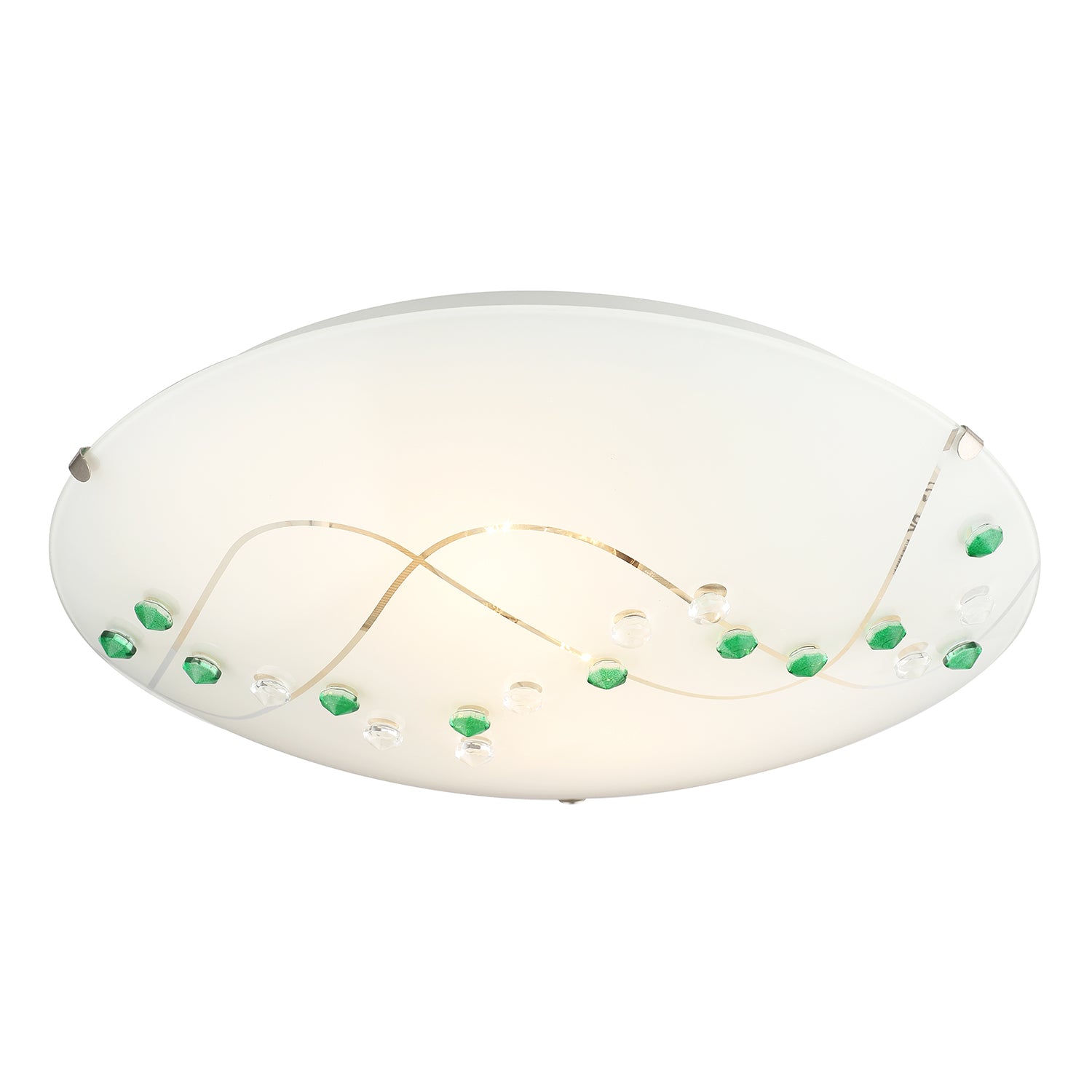 Contemporary Round Opal Glass Ceiling Light with Green and Clear Crystal Buttons Image 2