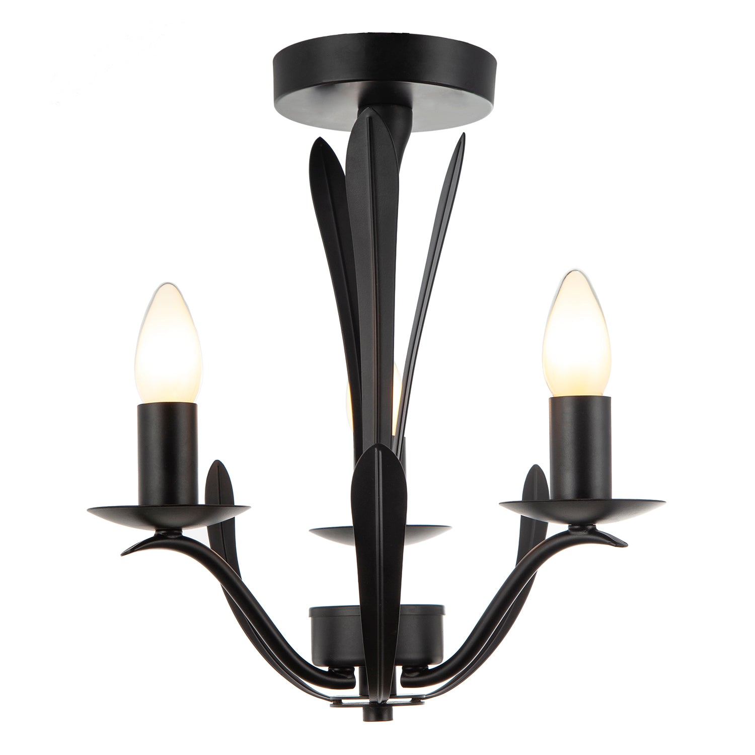 Traditional 3-Arm Ceiling Light in Matte Black with Metal Leaves Image 2