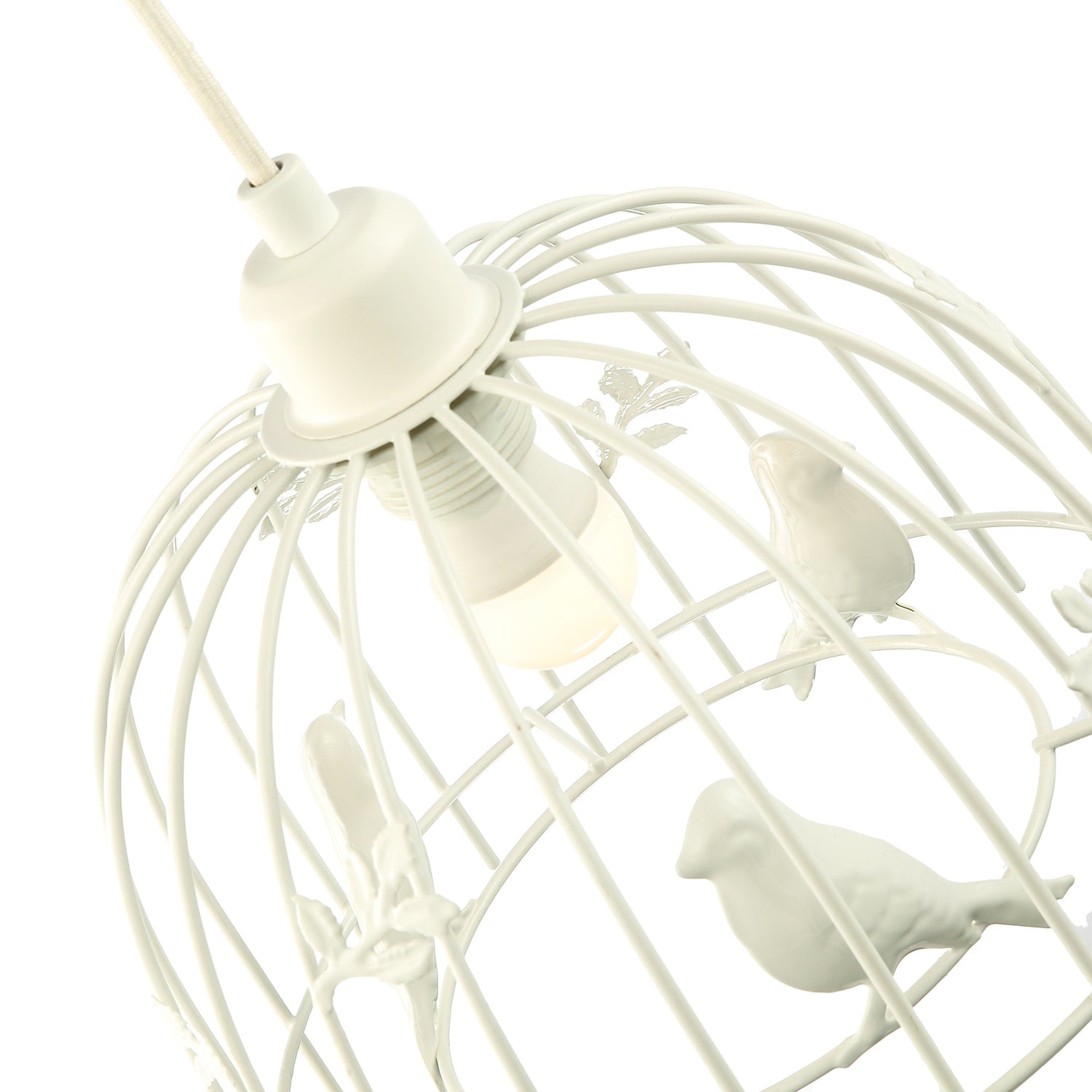 Birdcage Pendant Shade in White Gloss Metal with Birds and Leaves - Shabby Chic Image 2