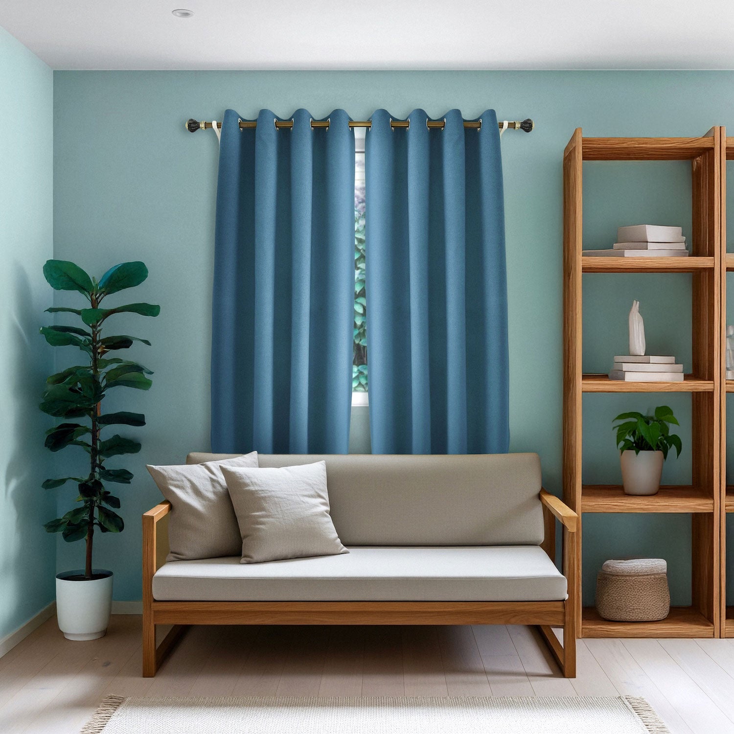 Sea Blue Linen Blackout Eyelet Curtains - 46 x 63 Inch Drop - 2 Panel Image 6
