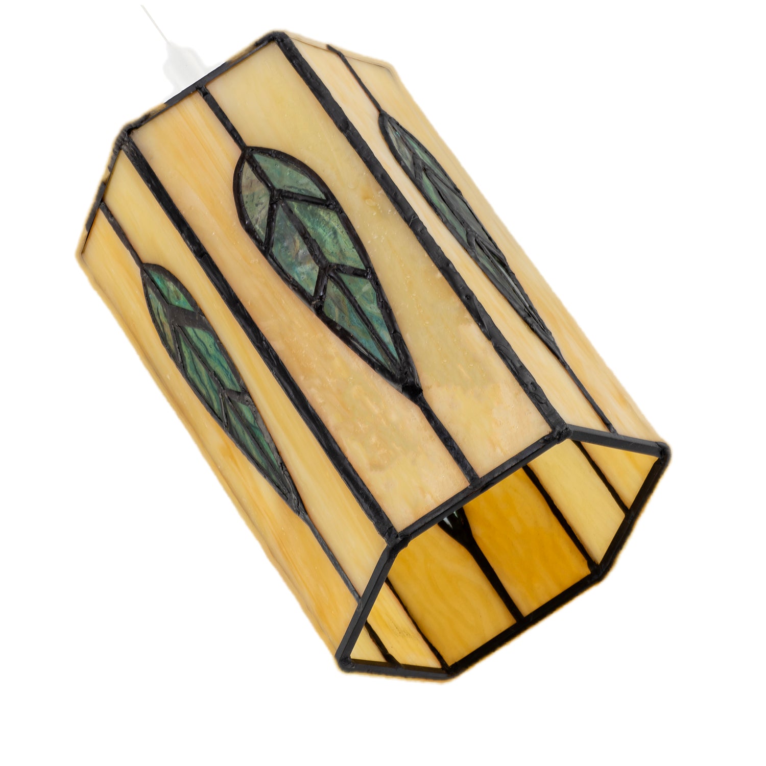 Hexagonal Tiffany Pendant Light Shade with Emerald Green Leaf Decor Image 4