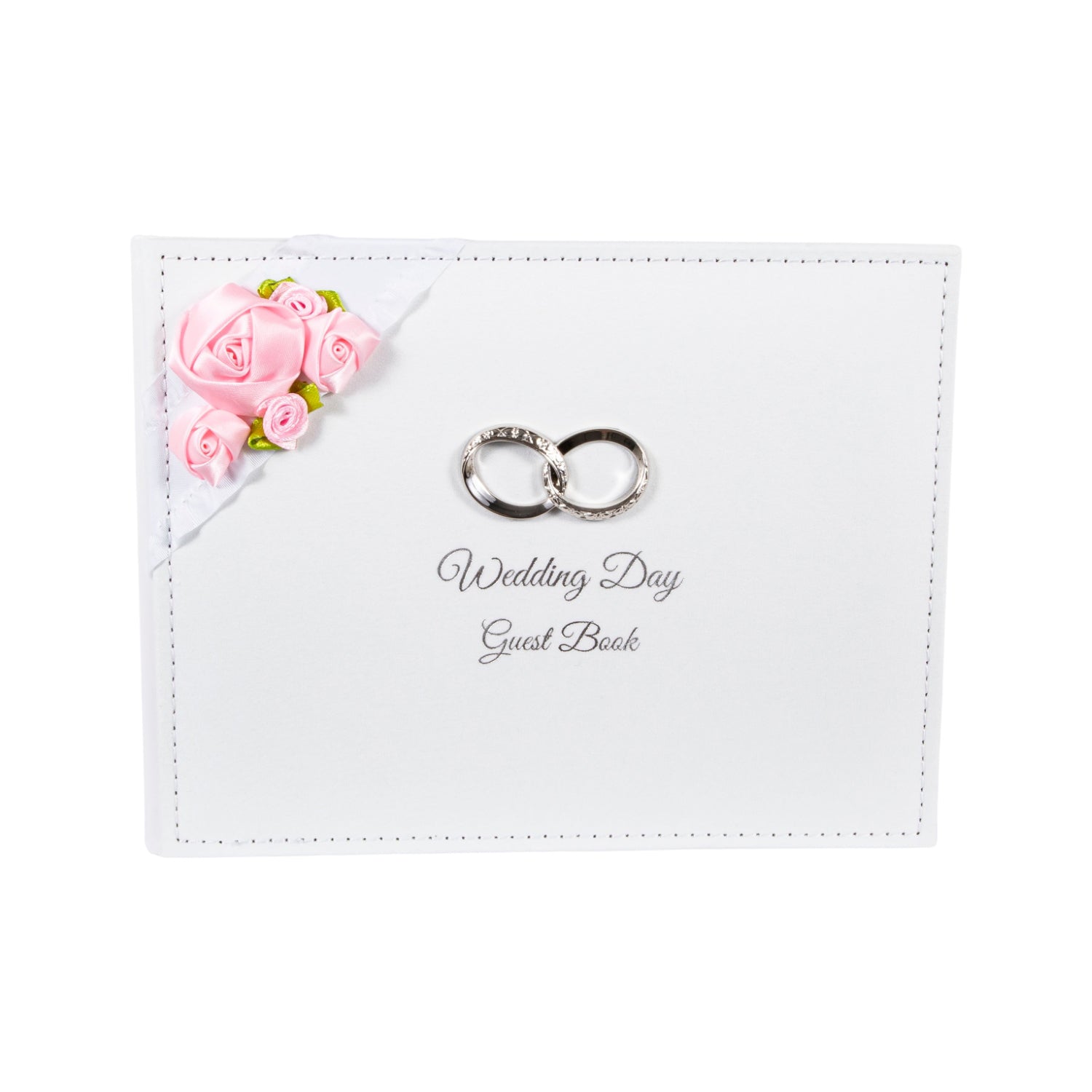 Modern Wedding Day Guest Book with Pink Faux-Silk Roses and Silver Double Rings Image 1