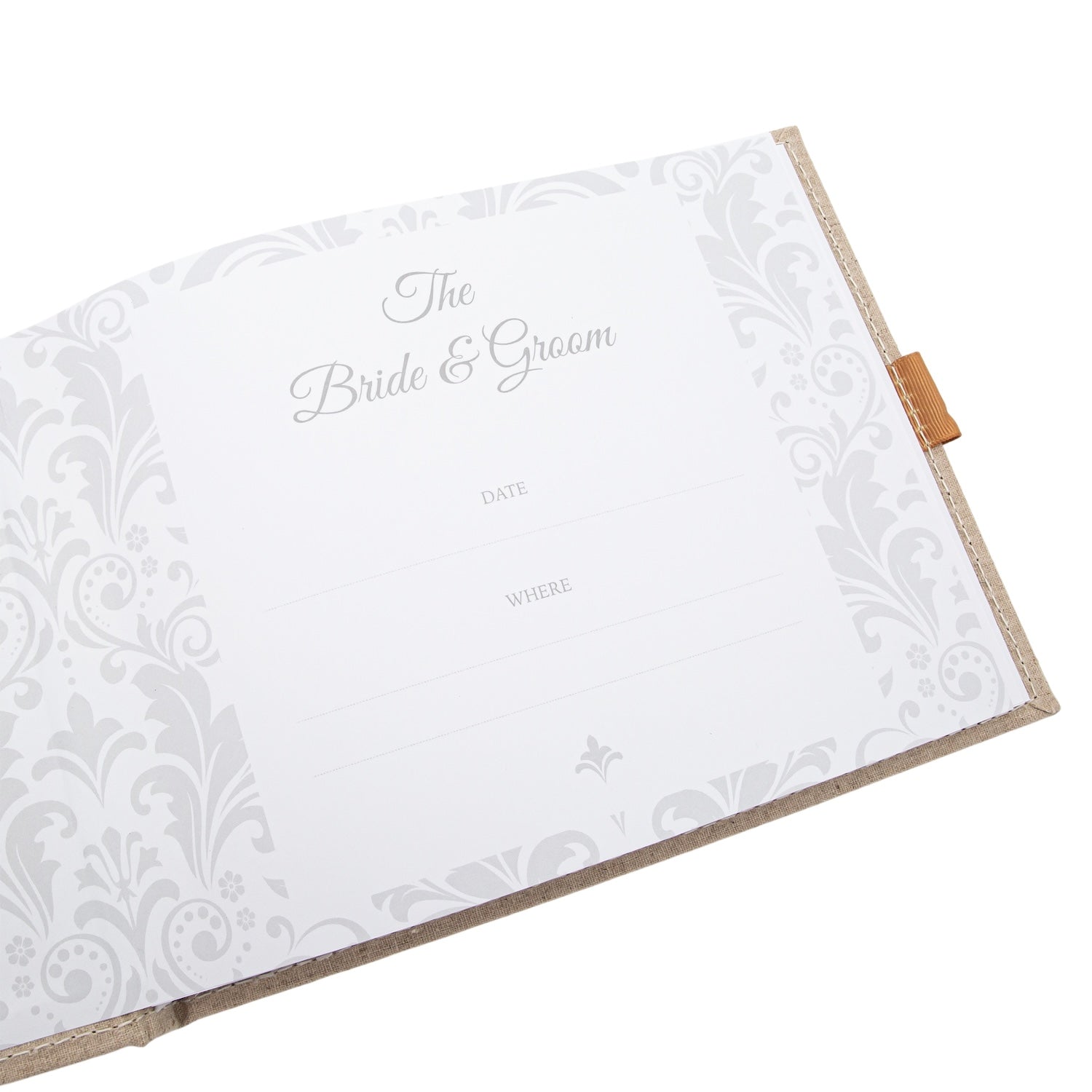 Natural Linen Fabric Wedding Day Guest Book with Shiny Gold Rings Image 6