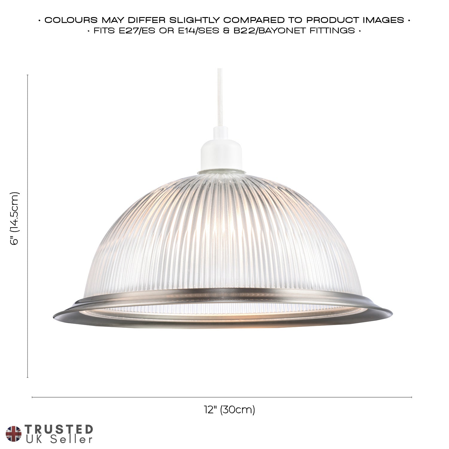 Traditional American Diner Pendant Shade with Satin Nickel Trim and Ribbed Glass Image 3