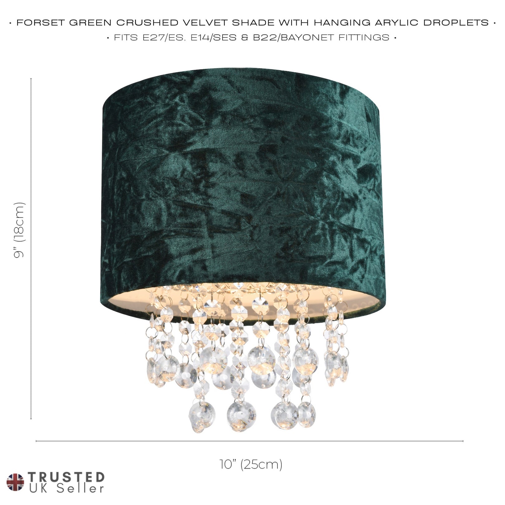 Modern Forest Green Crushed Velvet Pendant Shade with Clear Acrylic Droplets Image 6