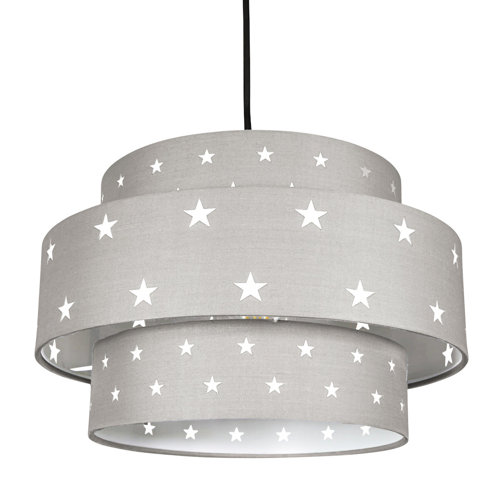 Triple Tier Midnight Grey Cotton Fabric Childrens Pendant Shade with Stars Decor Image 1