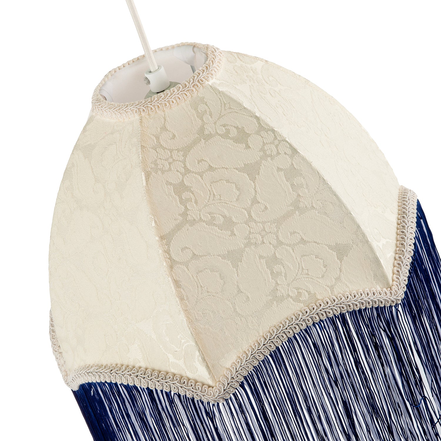 Cream Floral Victorian Velvet Shade with Navy Blue and White Tassels Image 3