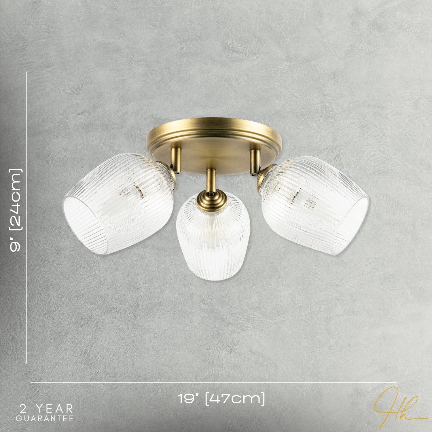 Antique Brass Triple Spot Ceiling Light with Clear Ribbed Glass Shades Image 7