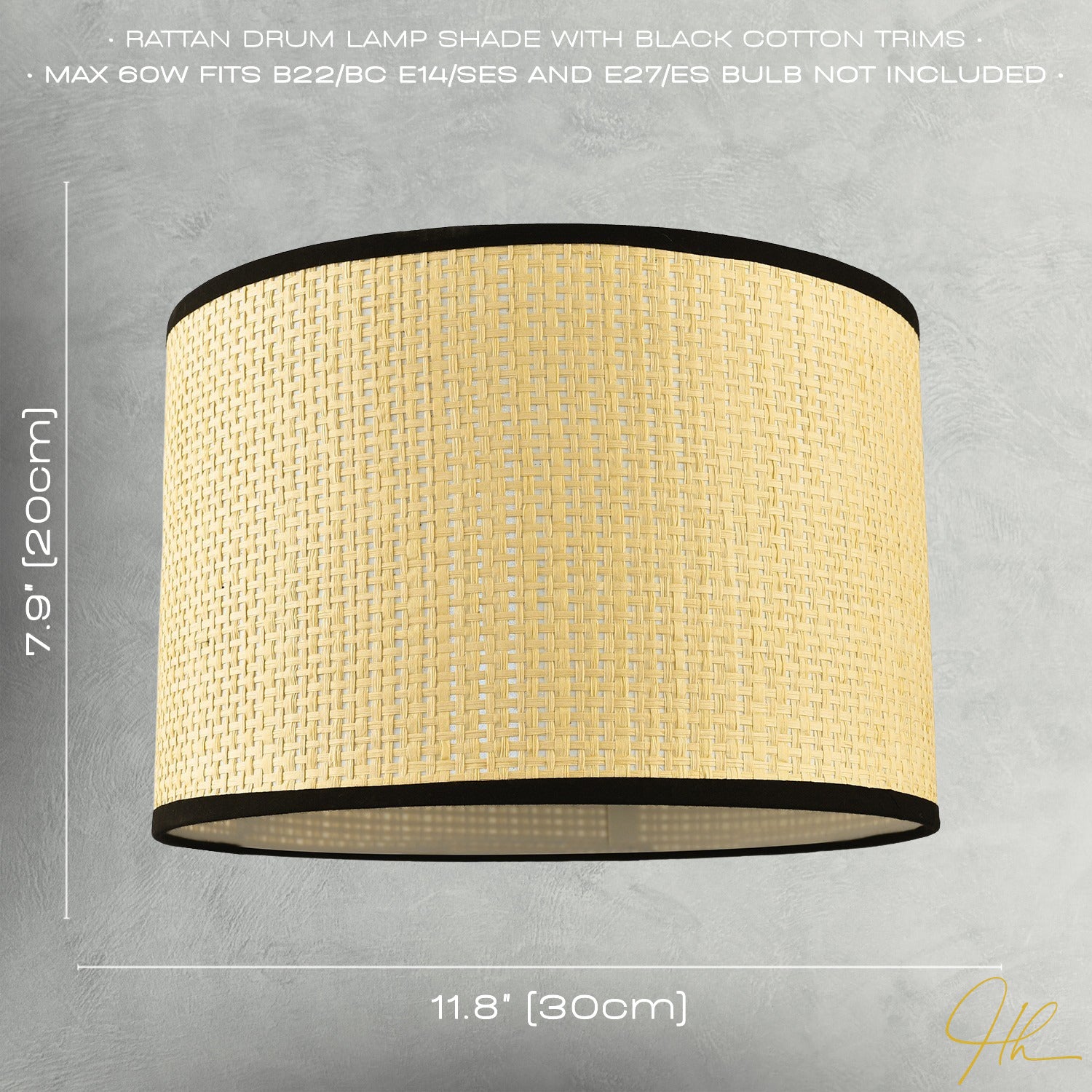 Thin Strapped Rattan Drum Lamp Shade with Black Cotton Fabric Trims Image 7