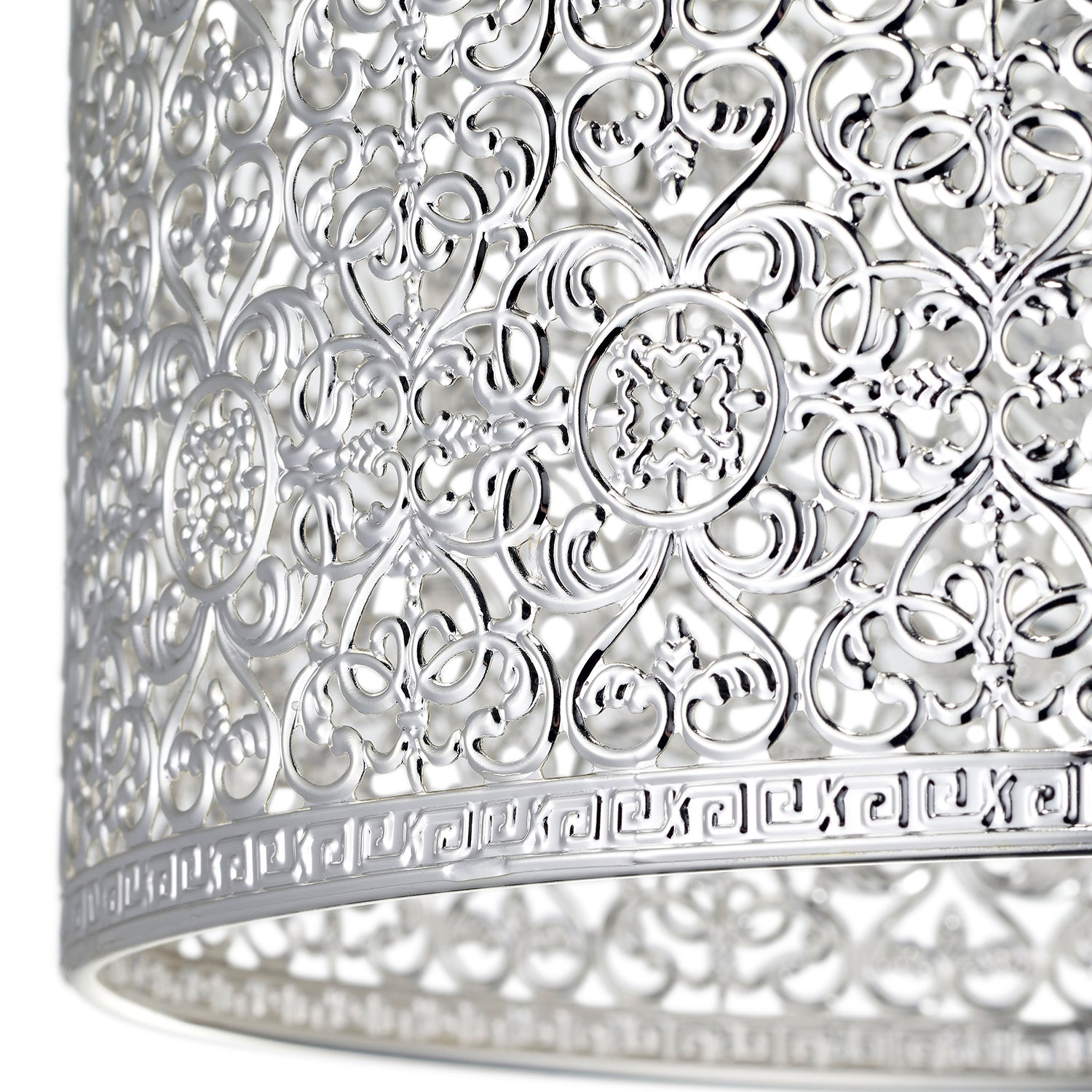 Ornate Moroccan Style Decorated Shiny Silver Metal Pendant Shade 25cm x 15cm Image 3