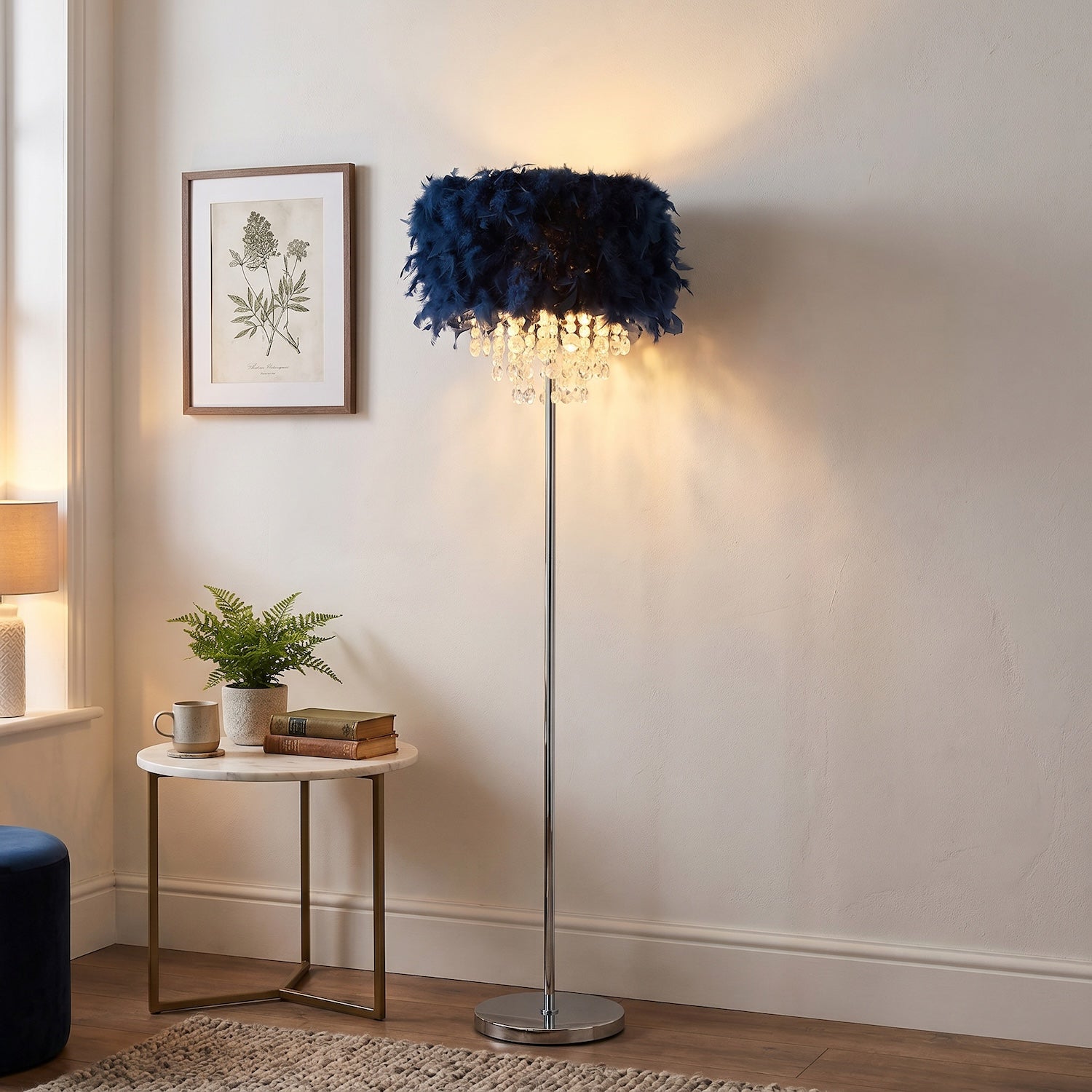 Chandelier Style Midnight Blue Feather Floor Lamp with Waterfall Drops Image 6