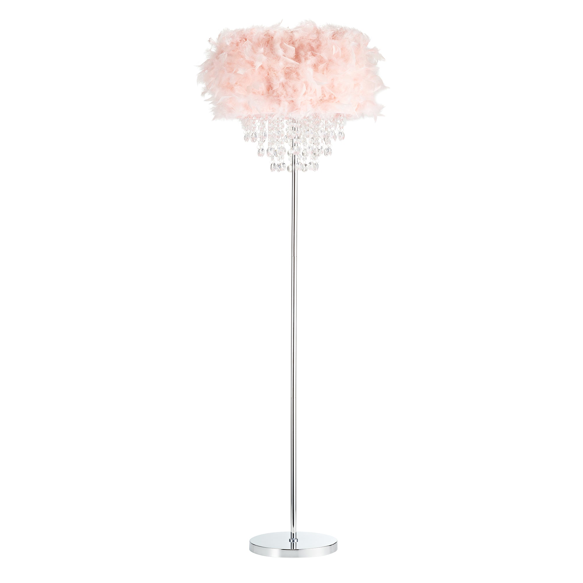 Modern Chandelier Style Pink Feather Floor Lamp with Waterfall Acrylic Droplets Image 1