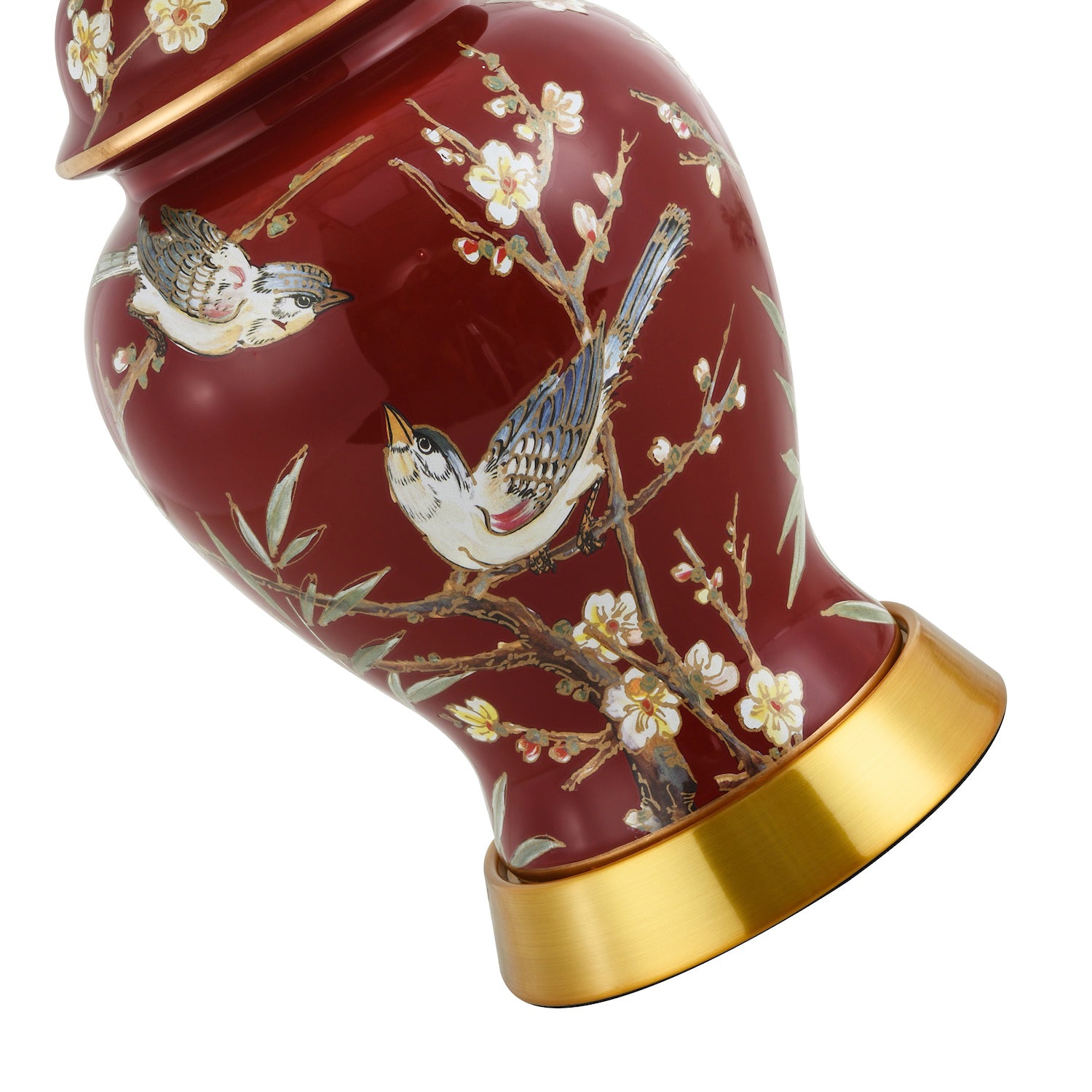 Classic Ceramic Lamp Base in Glossy Dark Burgundy with Birds and Floral Decor Image 3