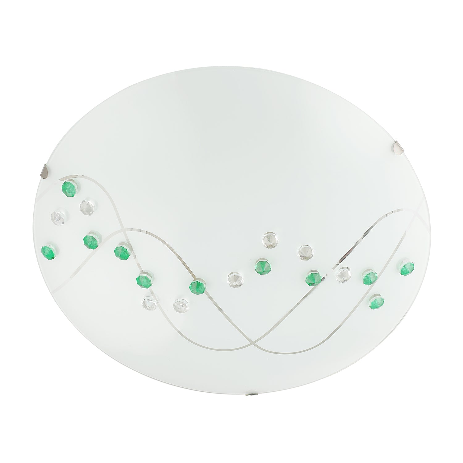 Contemporary Round Opal Glass Ceiling Light with Green and Clear Crystal Buttons Image 3