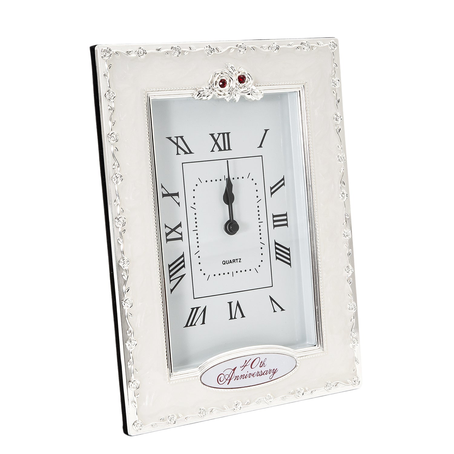 40th Anniversary Clock with Silver Plated Roses and Red Diamantes Image 2