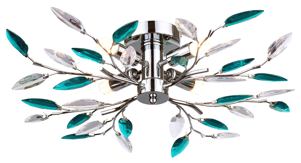 Modern Semi Flush Chrome Ceiling Light with Teal Acrylic Leaves Image 1