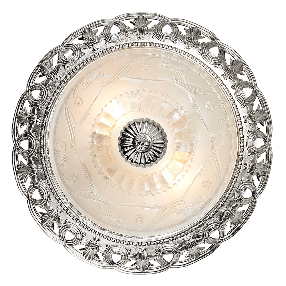 Traditional Satin Nickel and Floral Glass Flush Ceiling Light Image 2