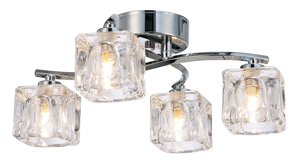 Modern Polished Chrome 4-Bulb Ceiling Light with Square Clear Ice Cube Shades Image 1