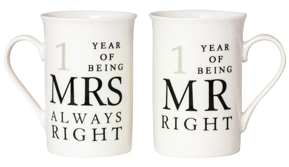 Ivory White 1st Anniversary Mr Right & Mrs Always Right Ceramic Mug Gift Set Image 1