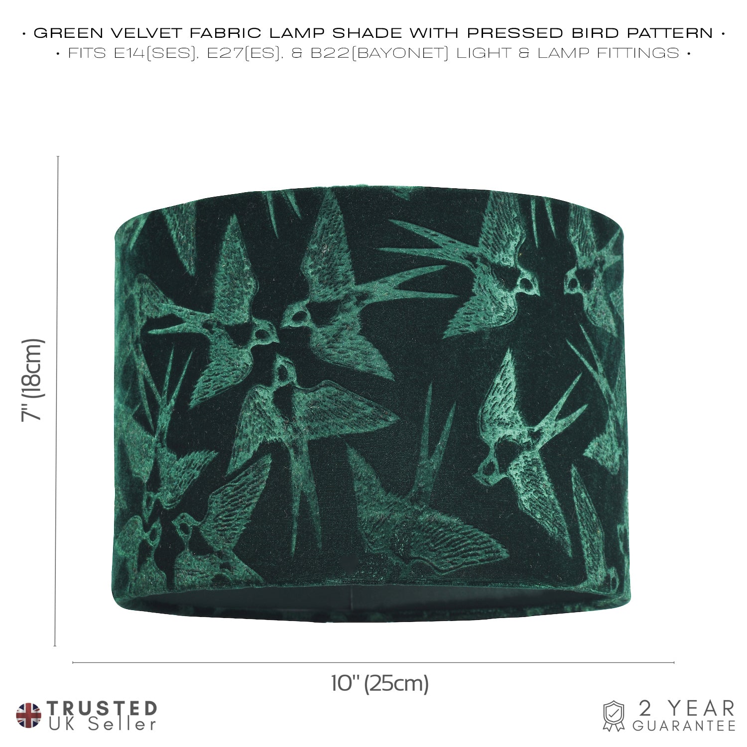 Bird Decorated Dark Forest Green Velvet Fabric Lamp Shade with Inner Lining Image 6