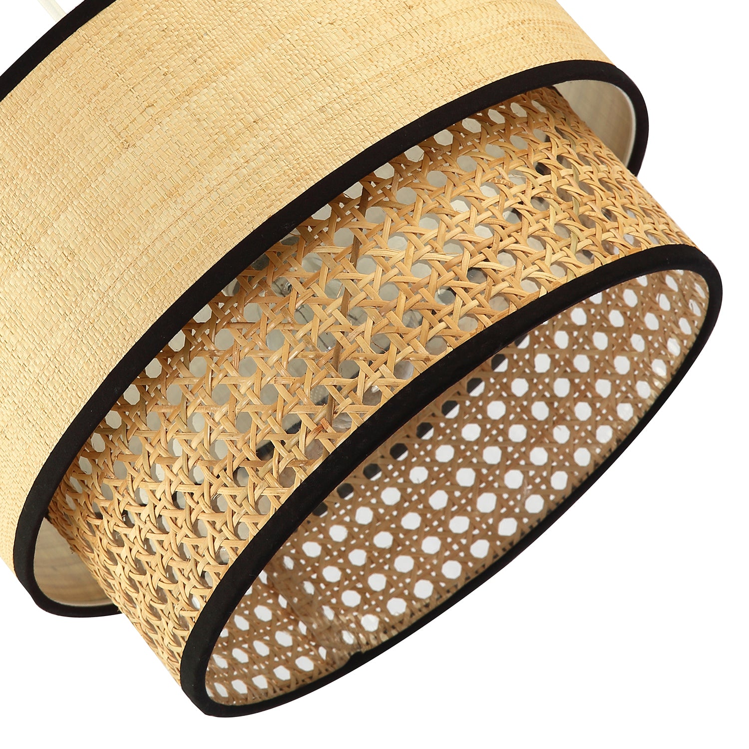Modern Double Tier Real Natural Rattan Pendant Shade with Black Trims Image 5