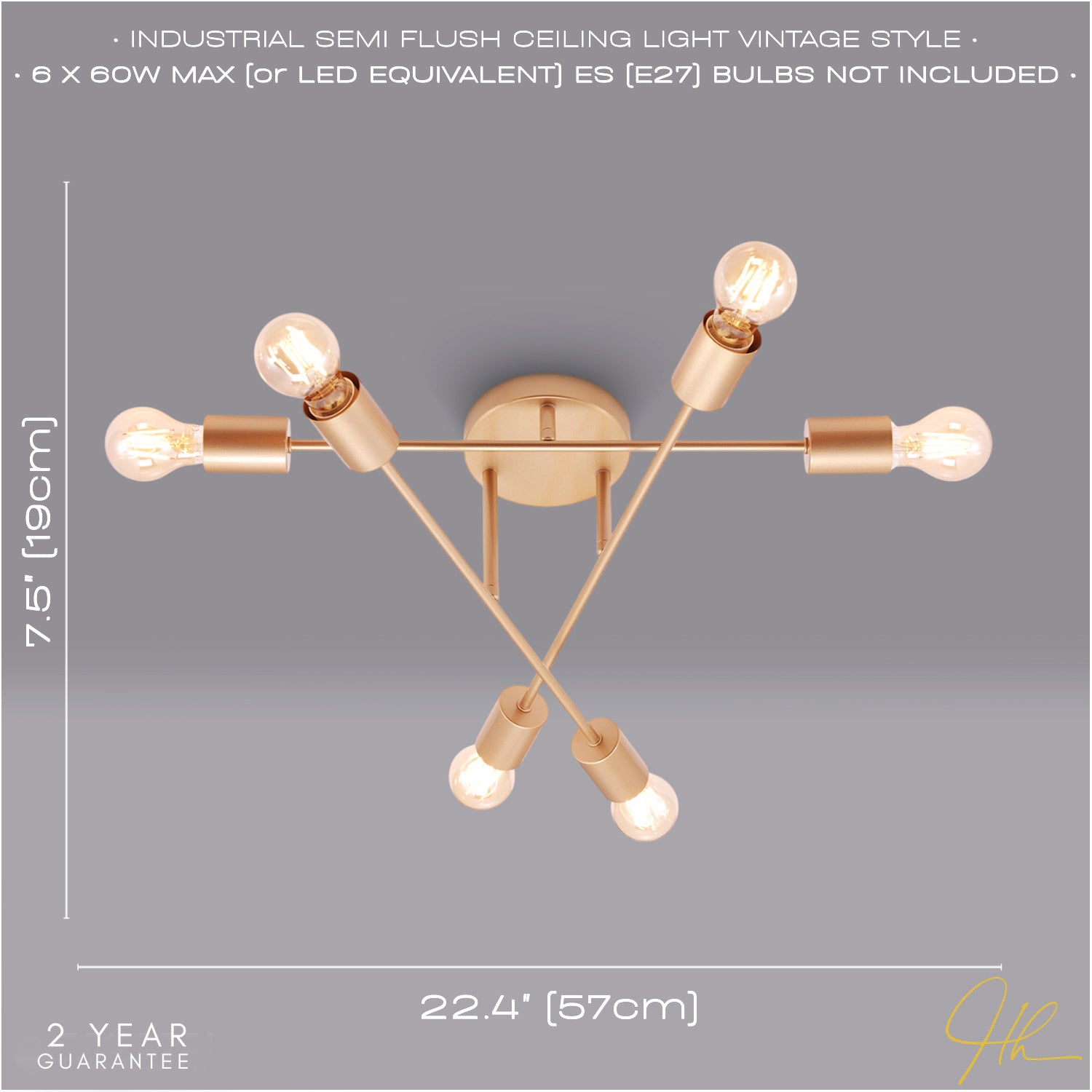 Industrial Designer Styled Satin Gold Ceiling Light with Straight Metal Arms Image 6