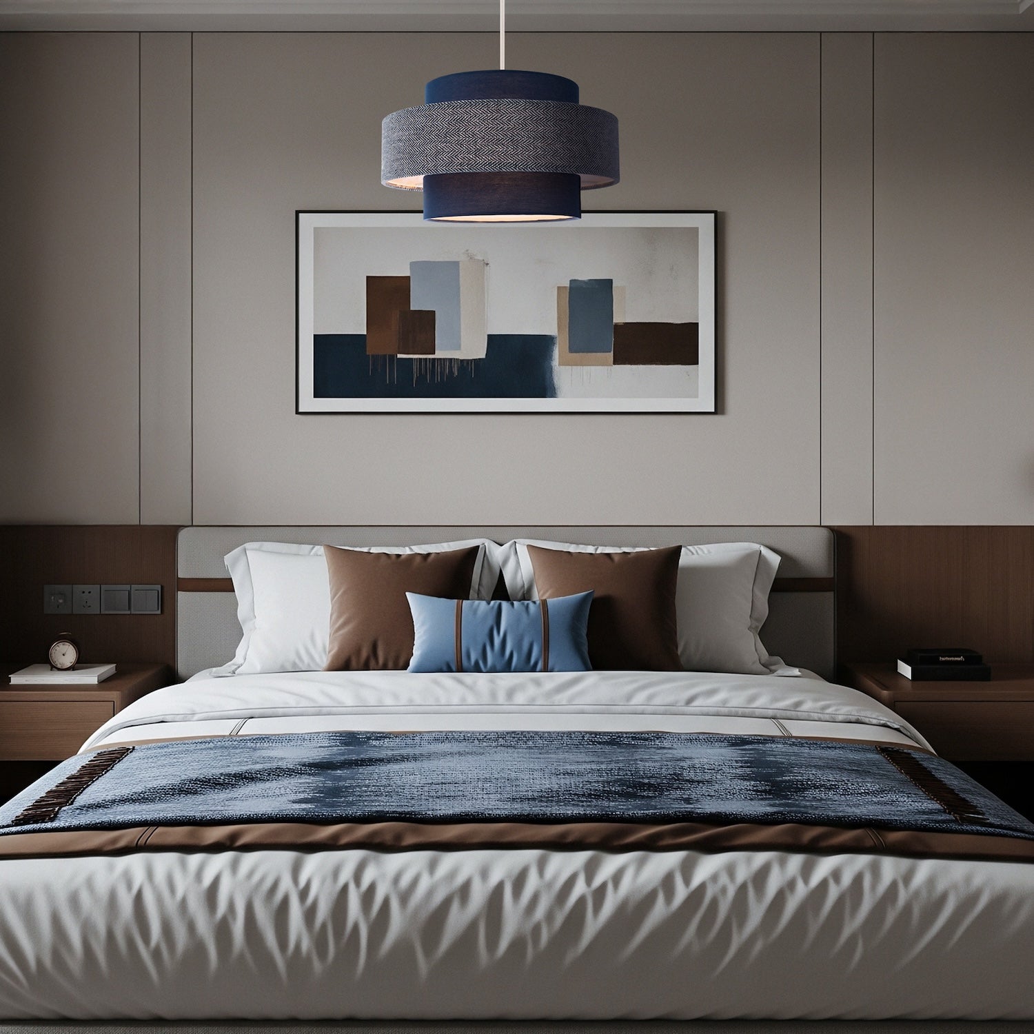 Modern Navy Blue Herringbone Linen Triple Tier Design Pendant Shade Image 6