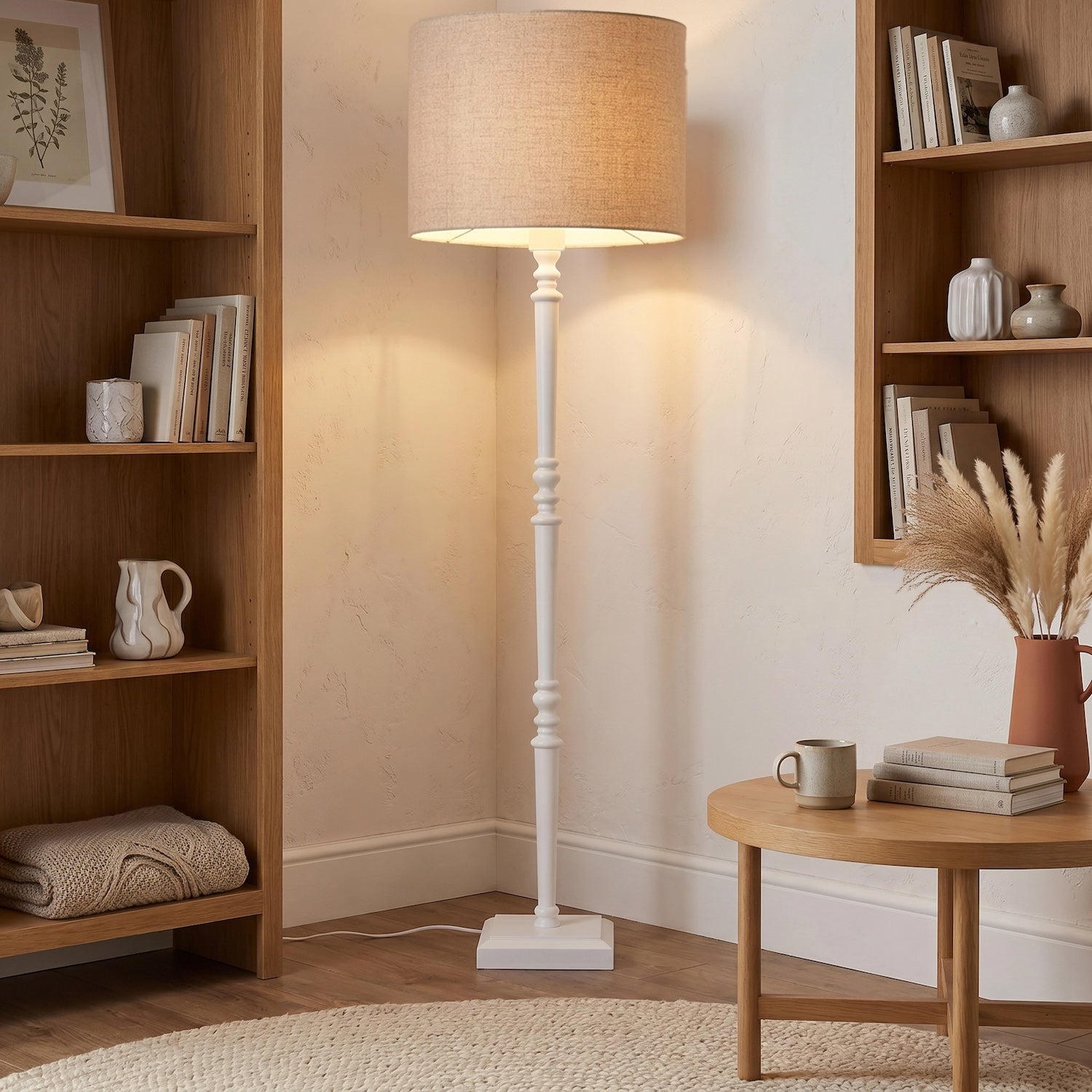 Chic White Wood Standing Floor Lamp with Square Base and Foot Switch Image 6
