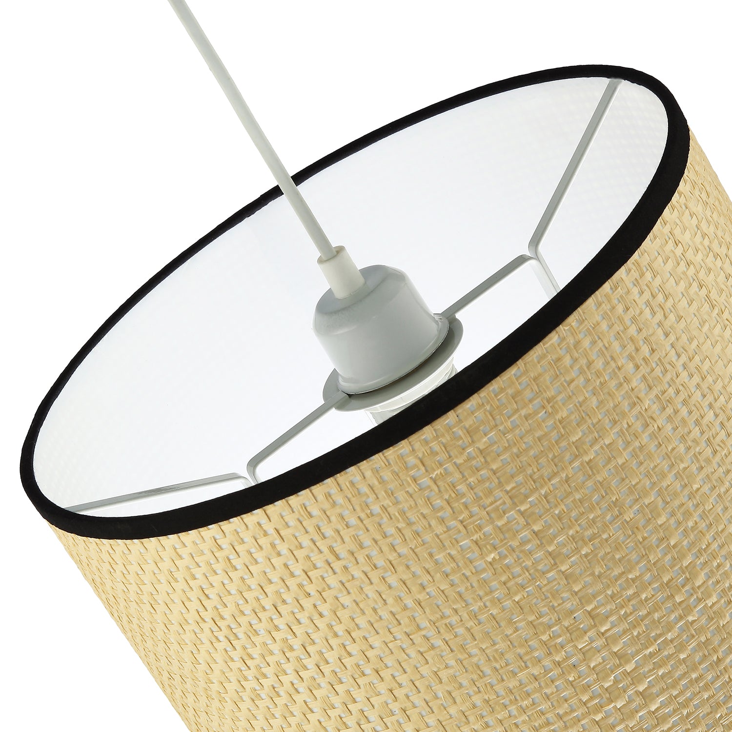 Thin Strapped Rattan Drum Lamp Shade with Black Cotton Fabric Trims Image 3