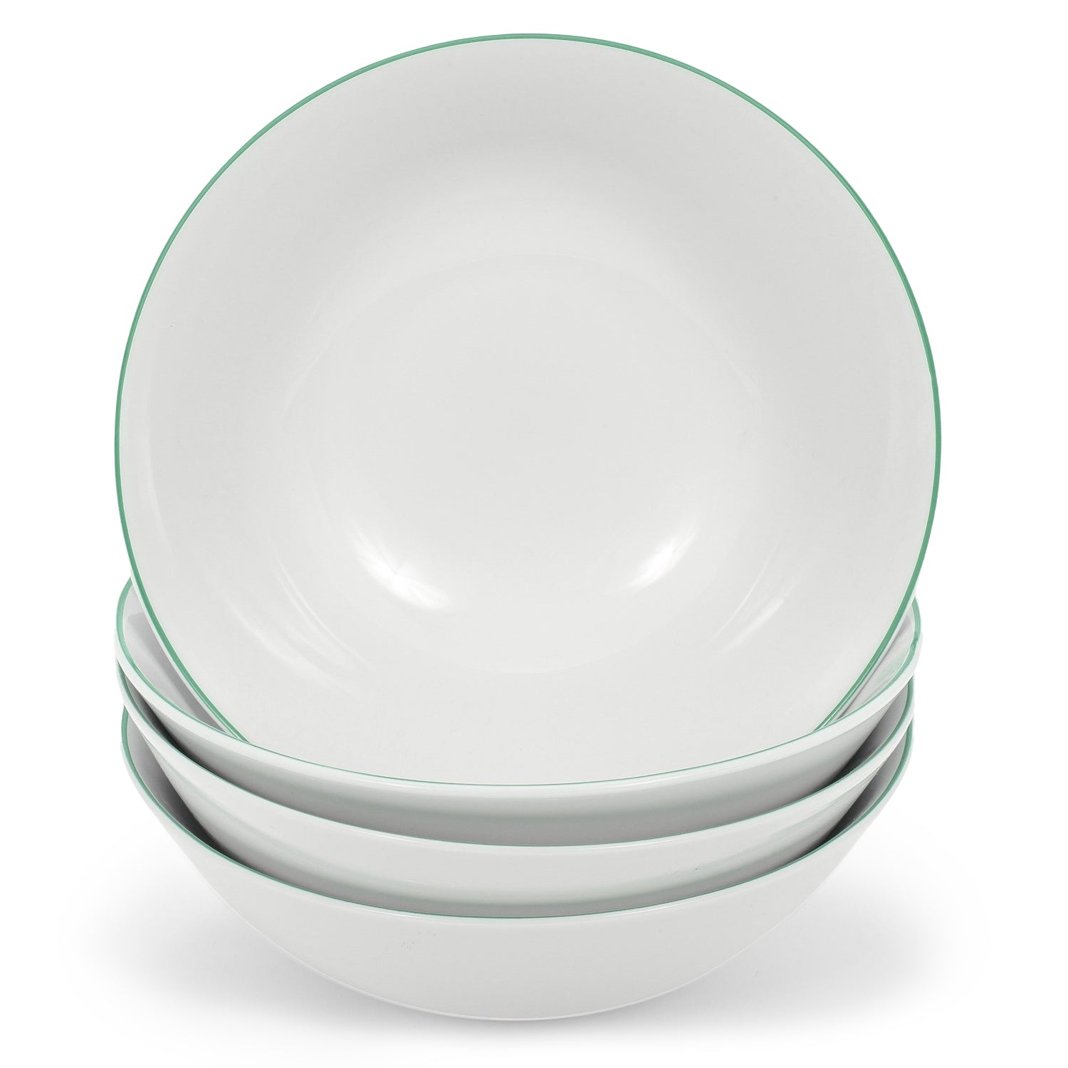 Set of 4 White Ceramic Dinner Bowls with Elegant Green Rim - Durable & Stylish Image 1