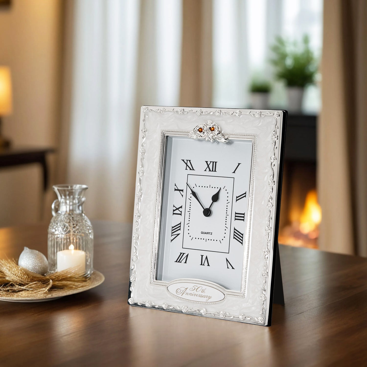 50th Anniversary Clock with Silver Plated Roses and Gold Diamantes Image 5
