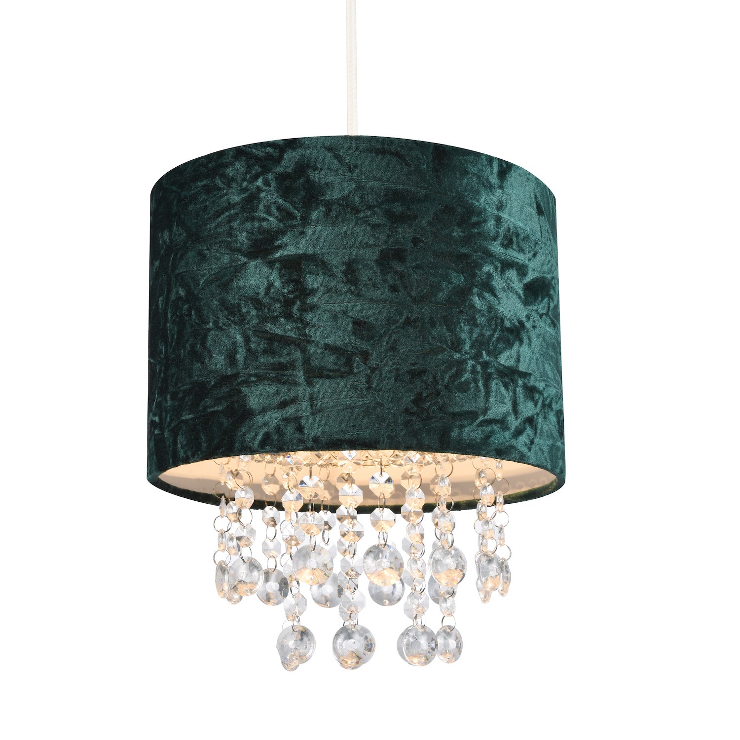 Modern Forest Green Crushed Velvet Pendant Shade with Clear Acrylic Droplets Image 1