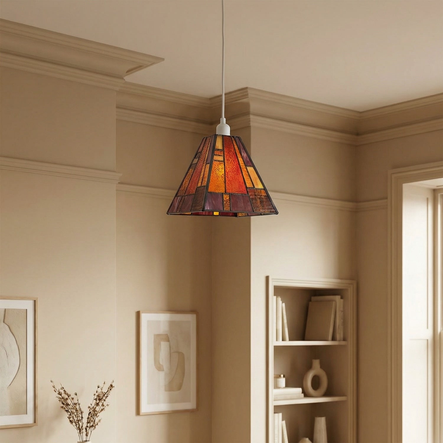 Art Deco Tiffany Pendant Lighting Shade with Orange and Amber Panels Image 6