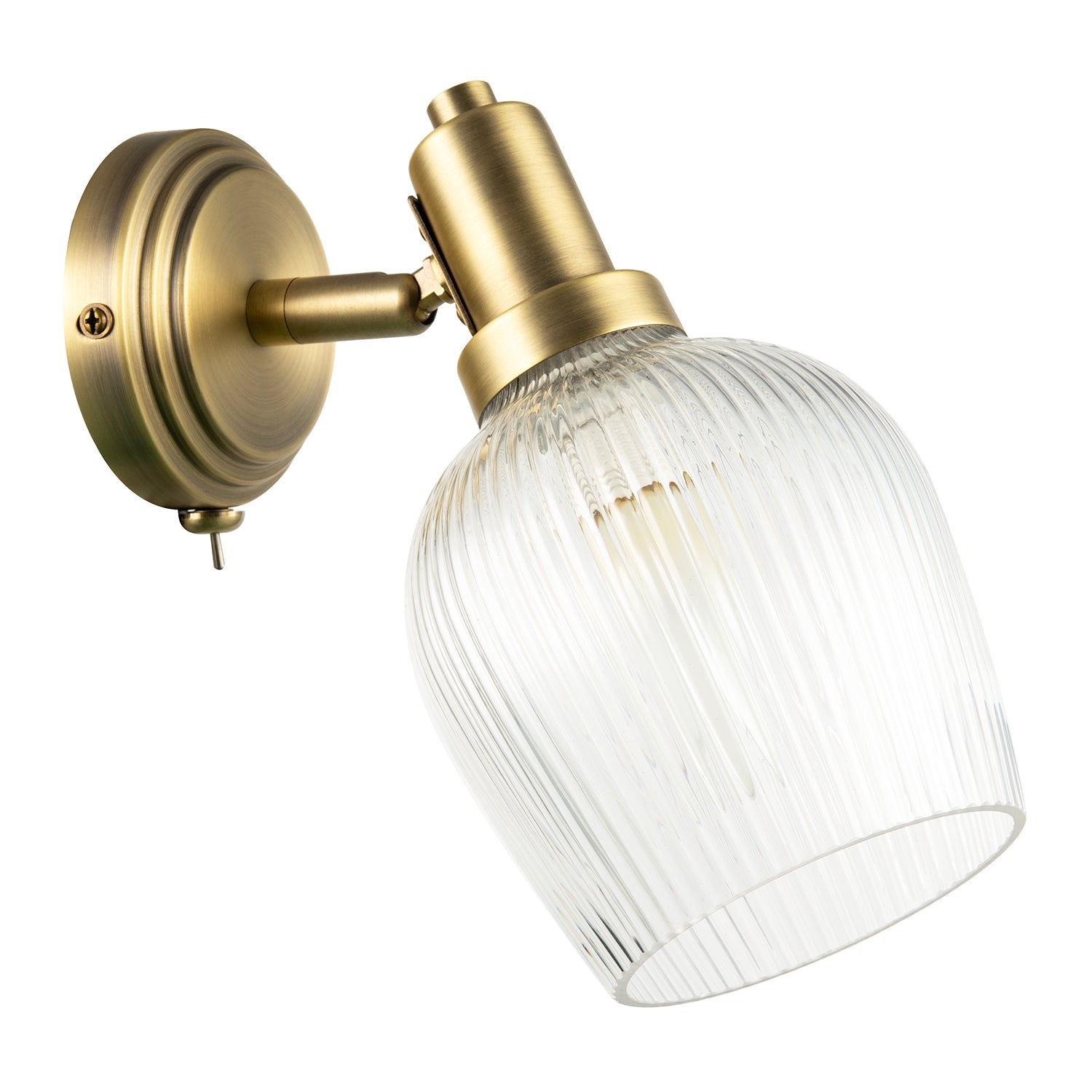 Classy Antique Brass Switched Wall Light with Clear Ribbed Glass Shade Image 1